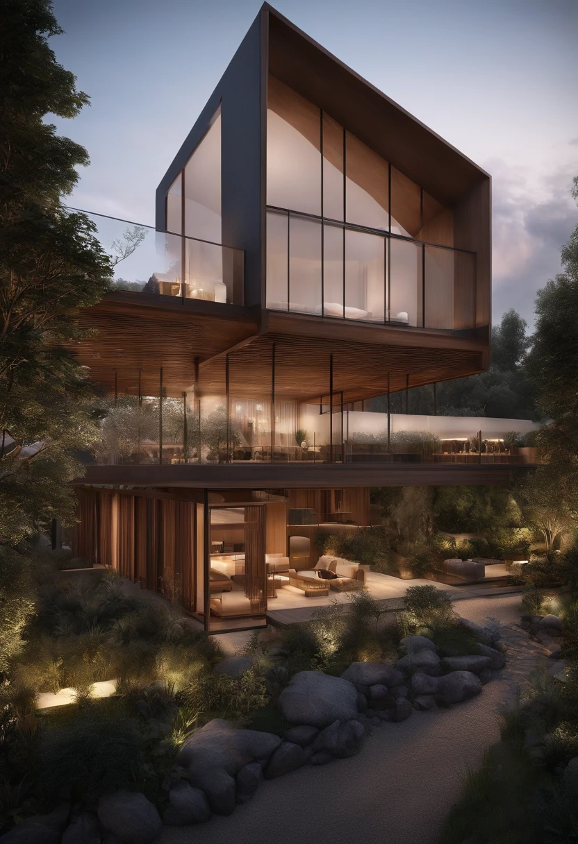 Concept for a hotel, a plot of land measuring 12m in width and 50m in length. At the front, there is a two-story wooden house serving as the welcoming center. Following that is a small landscaped area with a pathway running through it, covered by a wooden pergola. Next is a 250m2 building, standing at 7 stories tall. The entire system is designed with a seamless architectural style that harmoniously connects all components, RAW photo,Masterpiece, high quality, best quality, authentic, super detail, glass windows, day, beautiful sky, (high detailed :1.2), 8k uhd, dslr, soft lighting, high quality, film grain, Fujifilm XT3