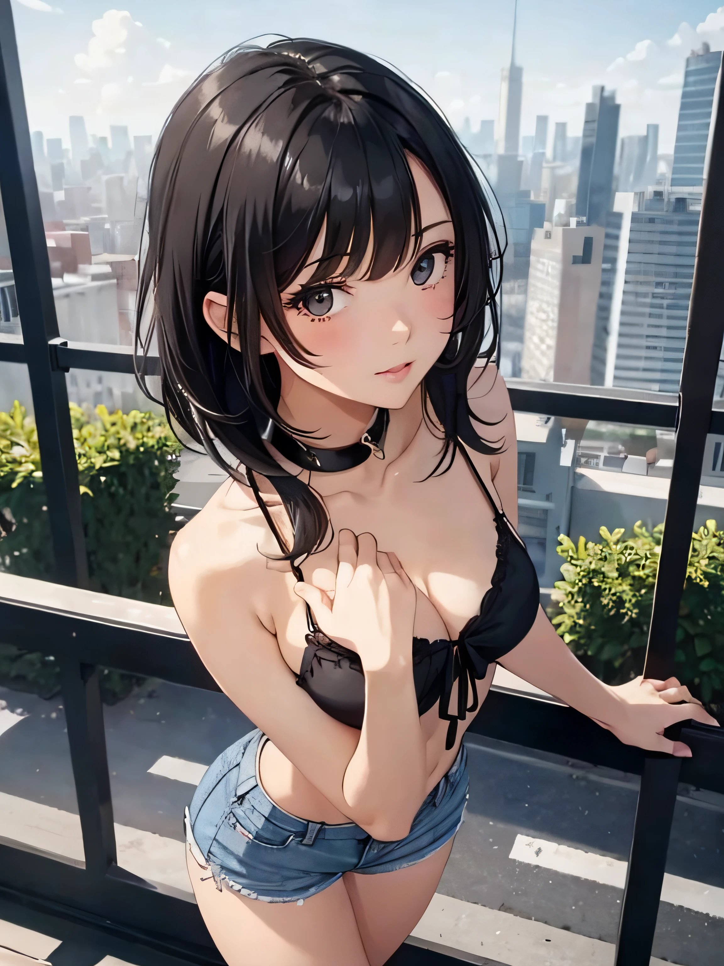 a girl with low-cut blouse, medium breasts, shorts, flirtatious look, very well detailed, cityscape or academy, black hair,