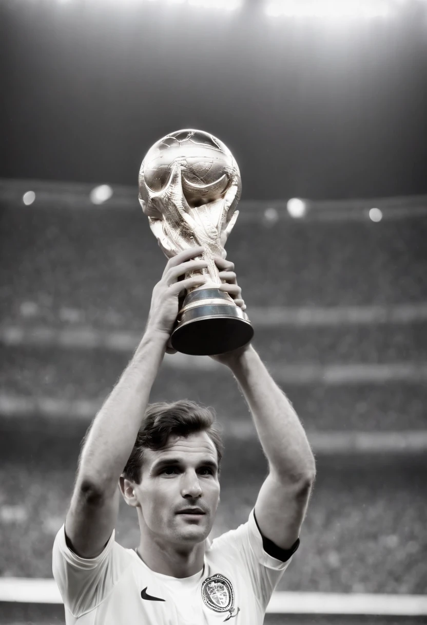 Homem Soccer Player 80s raising the World Cup trophy, Old photo, black and white