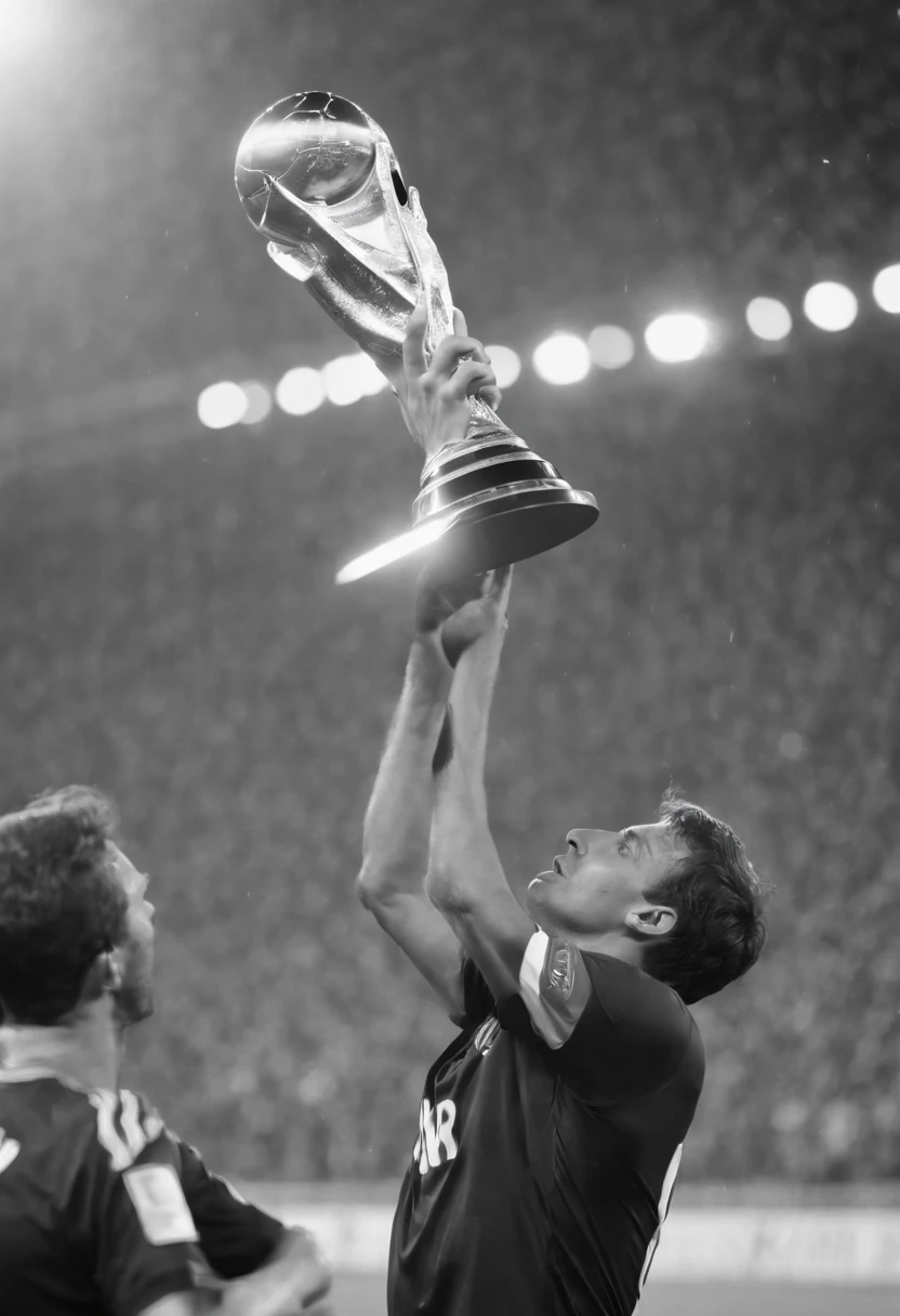 Homem Soccer Player 80s raising the World Cup trophy, Old photo, black and white