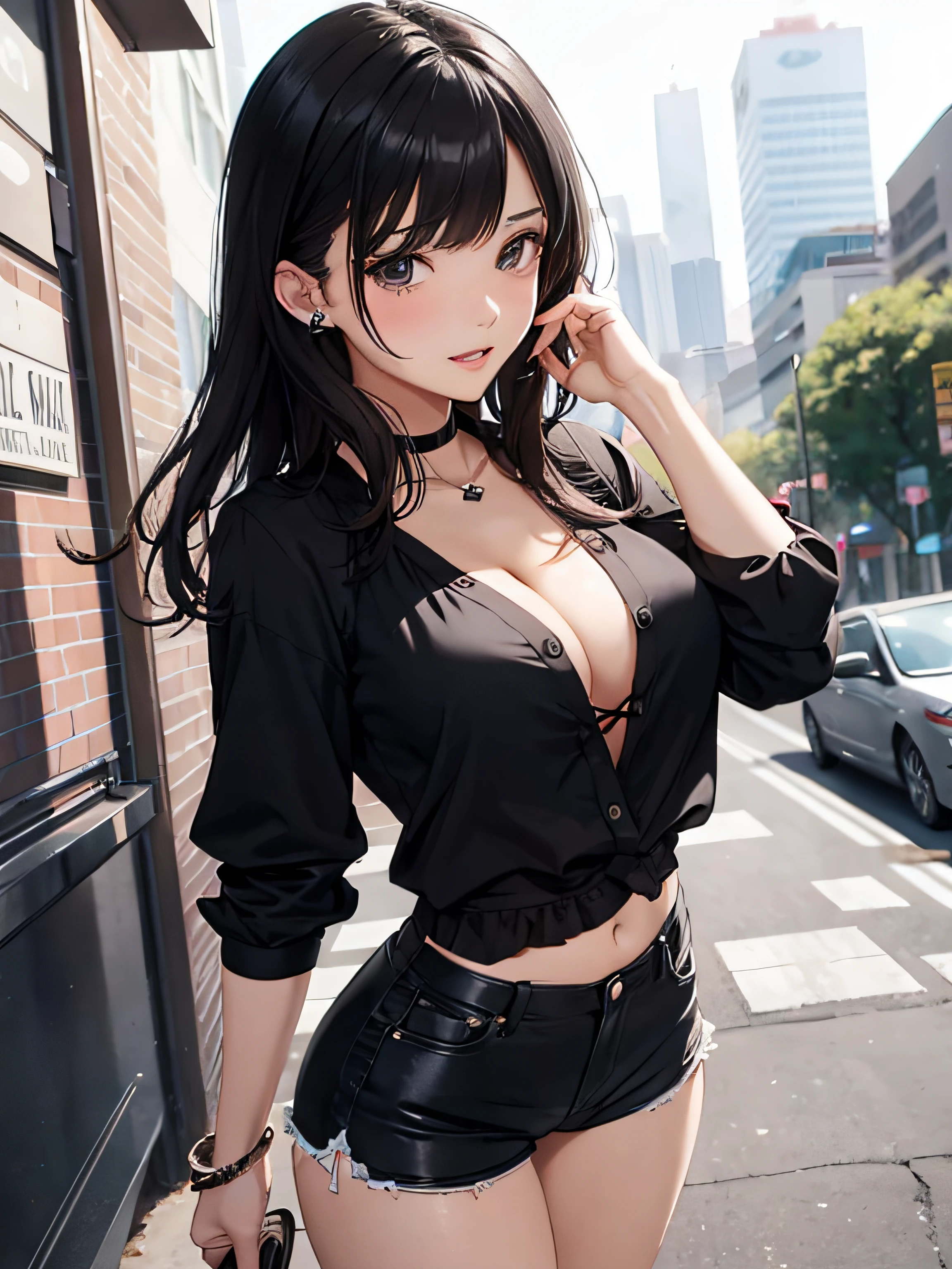 a girl with low-cut blouse, medium breasts, shorts, flirtatious look, very well detailed, cityscape or academy, black hair,