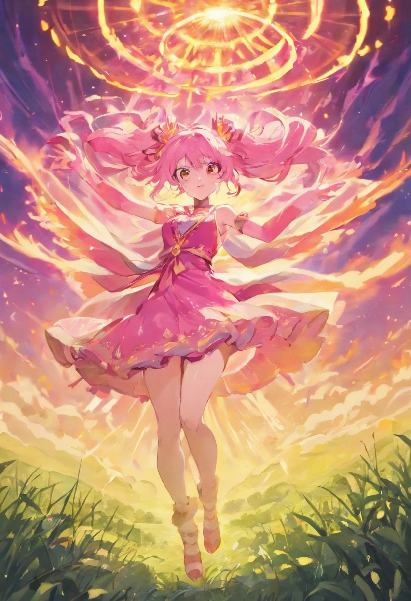 a detailed anime drawing in the artstyle of Naruto Shippuden of a large adult ((pink)) deer with ((bright yellow eyes)) that gives off a aura of grace with large heart-shaped antlers dashing through a meadow by itself