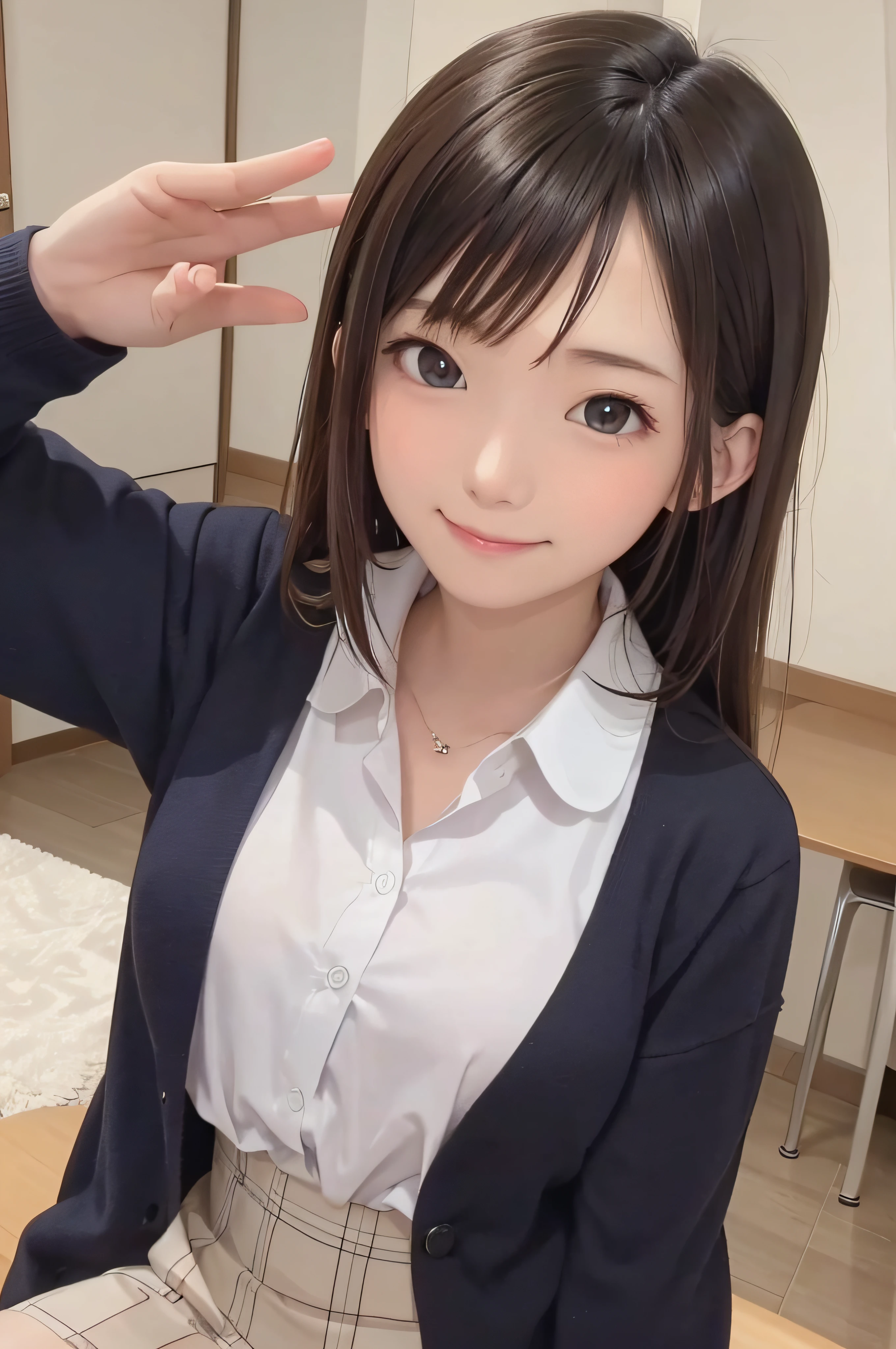 Completely immaculate background、White back、 student、soio、brown haired、beautidful eyes、real looking skin、A detailed eye、hi-school girl、(8K、masterpiece)、(reallistic、Photorealsitic)、top-quality、ighly detailed、The ultra-detailliert、Beautie、cute little、japanes、a smile、Close-up portrait、Healthy face、schools、School uniform、Cardigan、plaid skirts