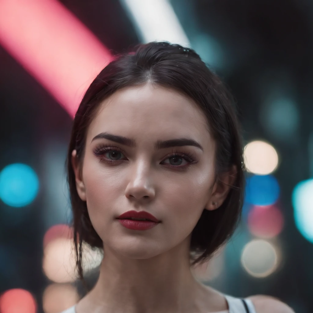 Criar fundo cyberpunk, mulher ciborgue bonita usando mascara futurista, rosto realista, 8k, ultra realistic, tecnologia, cores neon, fundo detalhado.