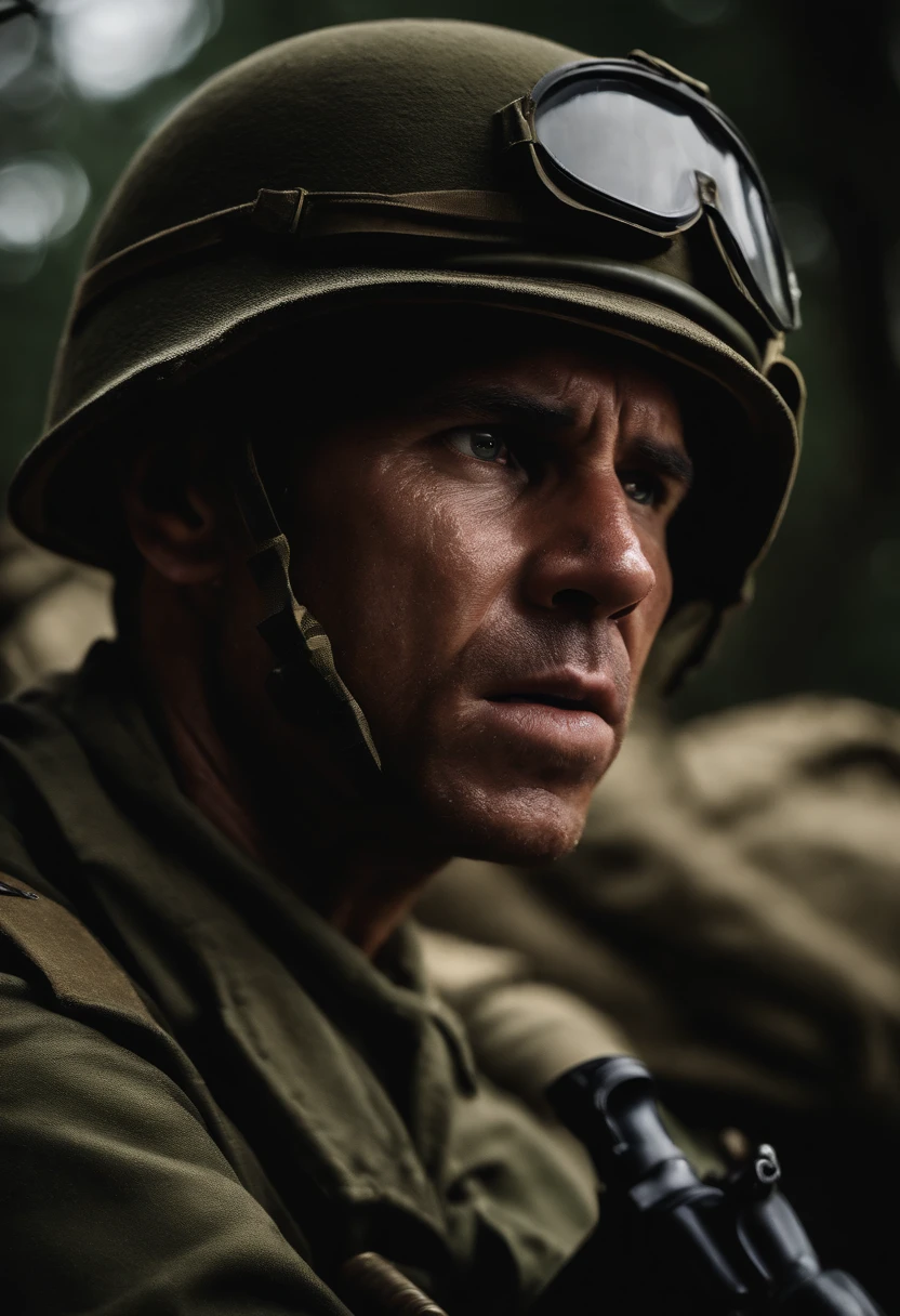 close up of a soldiers face and upper torso as he runs from a jungle being engulfed in napalm and fire. , Leica Kodachrome 64 film 50mm f1.2 lens, cinematic framing, hyperrealistic photo, 8k, awa --ar 16:9 --q 2 --v 5.1