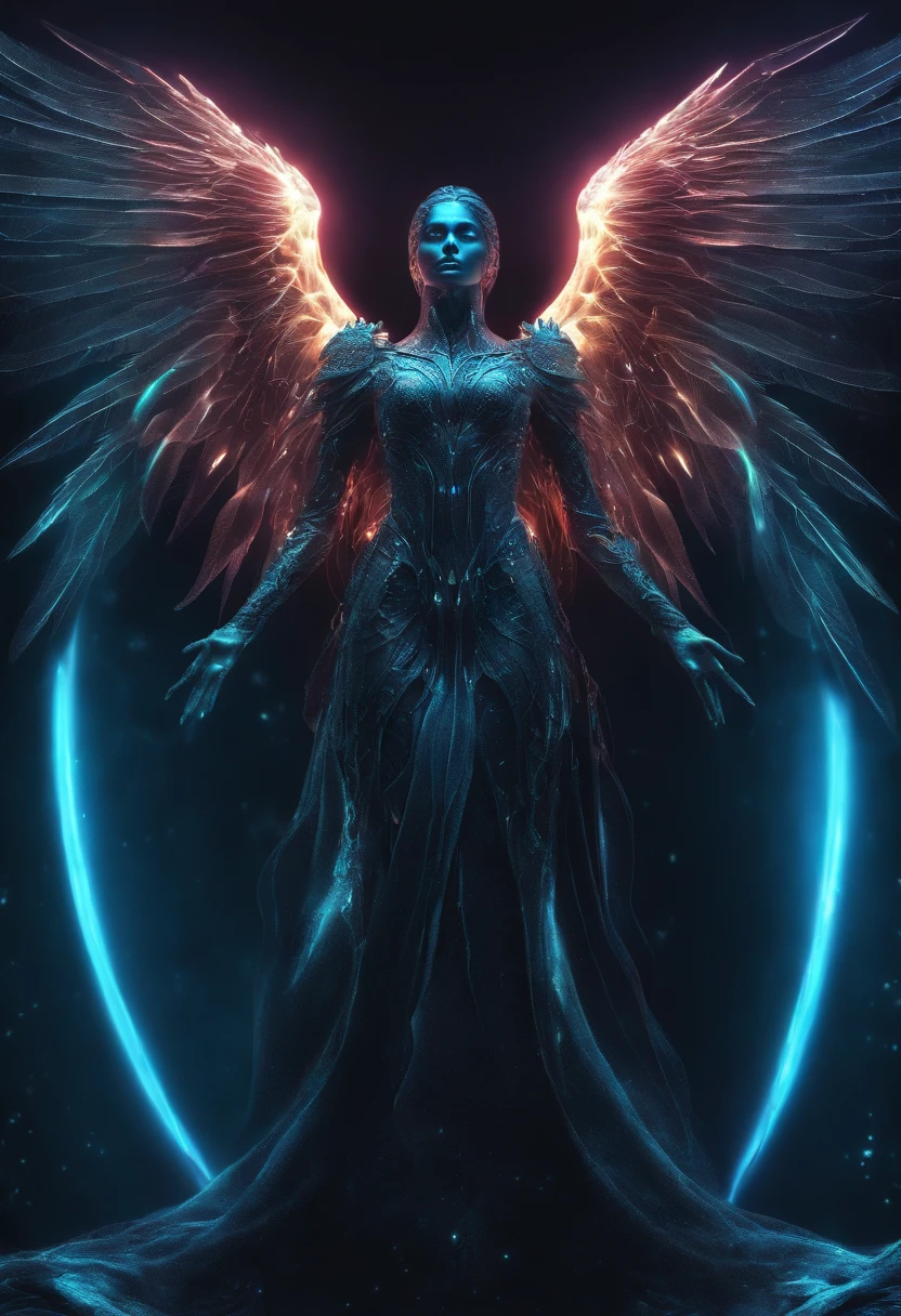 Cosmic Fallen Angel, glowing light eyes, Biomechanical, eerie, Creepy, nightmarish, Very bright colors, Light particles, with light glowing, Mshiff, wallpaper art, UHD wallpaper