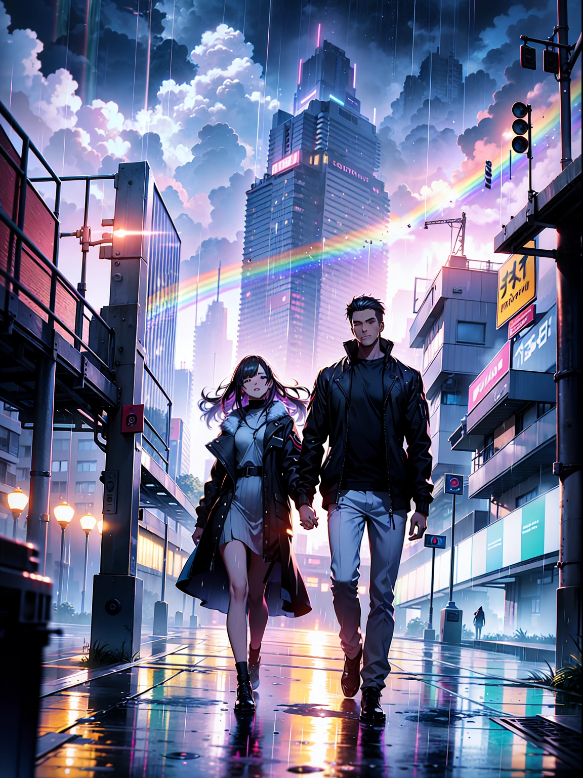 Couples are standing in the rainy weather, see the rainbow in the sky, futuristic background, rain, rainbow, outstanding view, 8K AMD FidelityFX Super resolution 3, rendered by octane