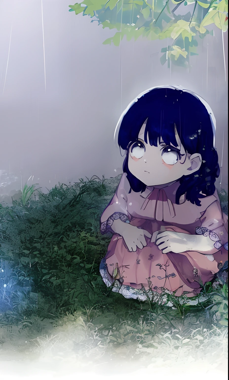 Anime girl sitting on grass under a tree in the rain, garota de cabelo preto, garota de olho branco, um desenho de anime por Yanagawa Nobusada, trending on pixiv, arte seriada, visual anime de uma menina bonito, Arte no estilo de Guweiz, Depois da chuva e sem meninas, with a sad expression, the anime girl is crouching, Yume Nikki, Chovendo!!
