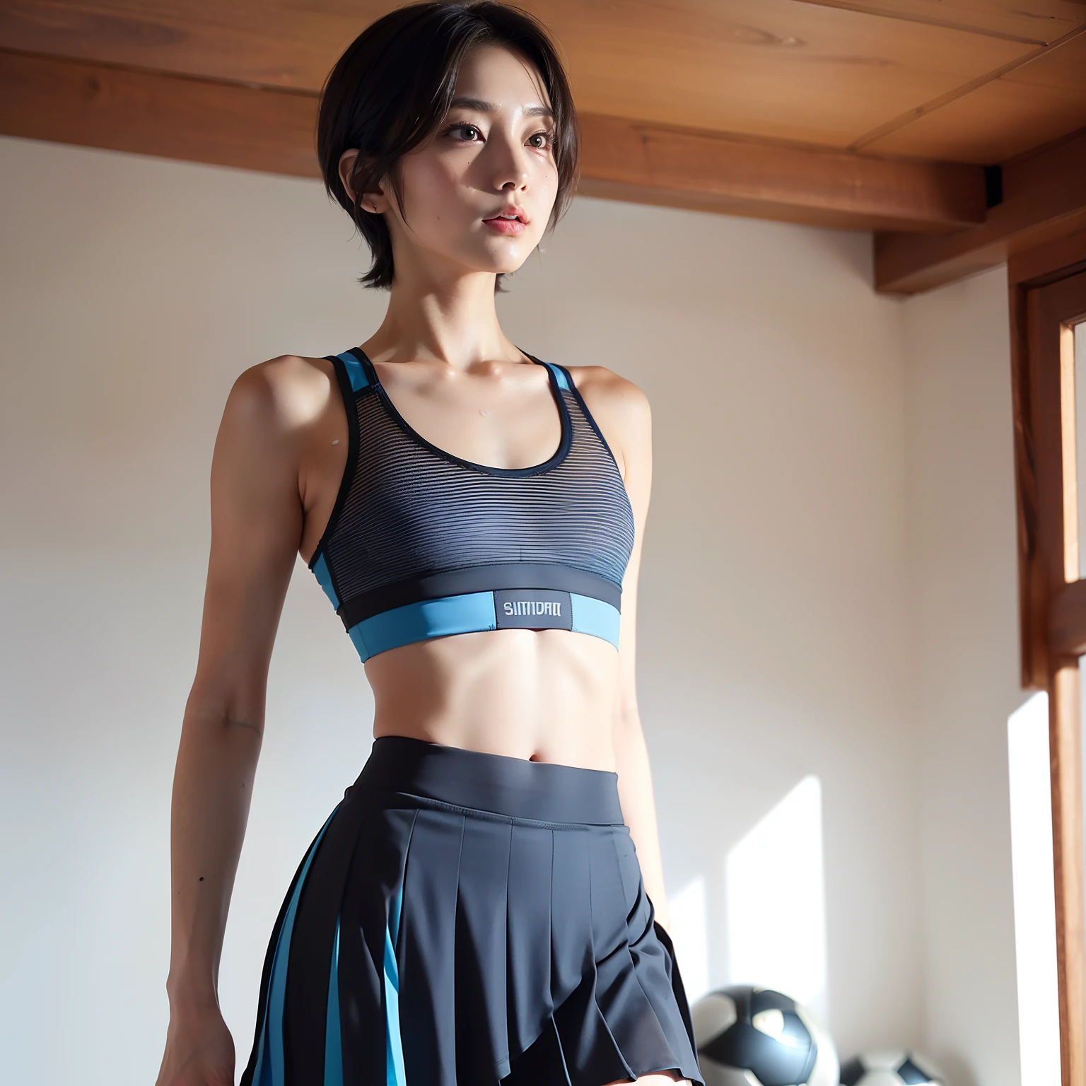 (Solo), (a detailed full-body RAW photo of a girl), (masutepiece:1.0), (Best Quality:1.4), (超A high resolution:1.2), (Photorealistic:1.4), 8K resolution, Canon EOS R5, 50 millimeters, absurderes, ultra-detailliert, (25-years old), Sharp Focus, Cinematic lighting, Detailed beautiful face, (no-makeup:1.2), (ulzzang -6500-v1.1), petite figure, Detailed skin texture, Suntan skin, flat chest, (skinny and fit body:1.6), Thigh gap, Detailed brown hair, sweltering,(Very short hair:1.5), realistic glistening skin, (Sweating), NFSW, Heavy breathing, (small tits, Cameltoe, Erect ), (small fit Sexy see through SPORTS bra:1.5), well-developed abdomen, Blue sky, bikini tan, (Dark Santan), (flat chest:1.5), Dynamic Pose, (Lower Flåm), Dynamic Pose, (blue stripe mini pleated skirt:1.2), (up skirt:1.5), (skirt lift)