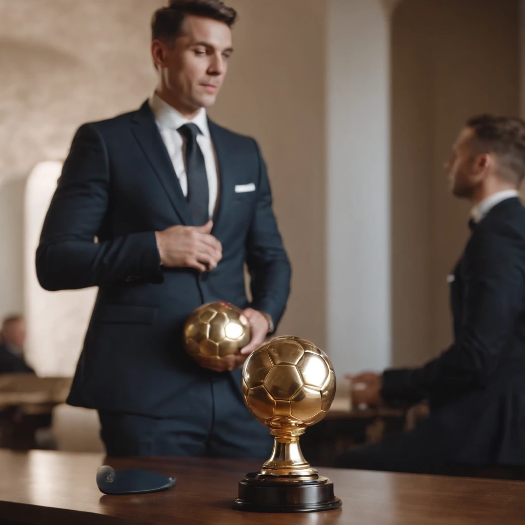 Football award, Man in suit with ball on foot, Award made of gold, Award on the table
