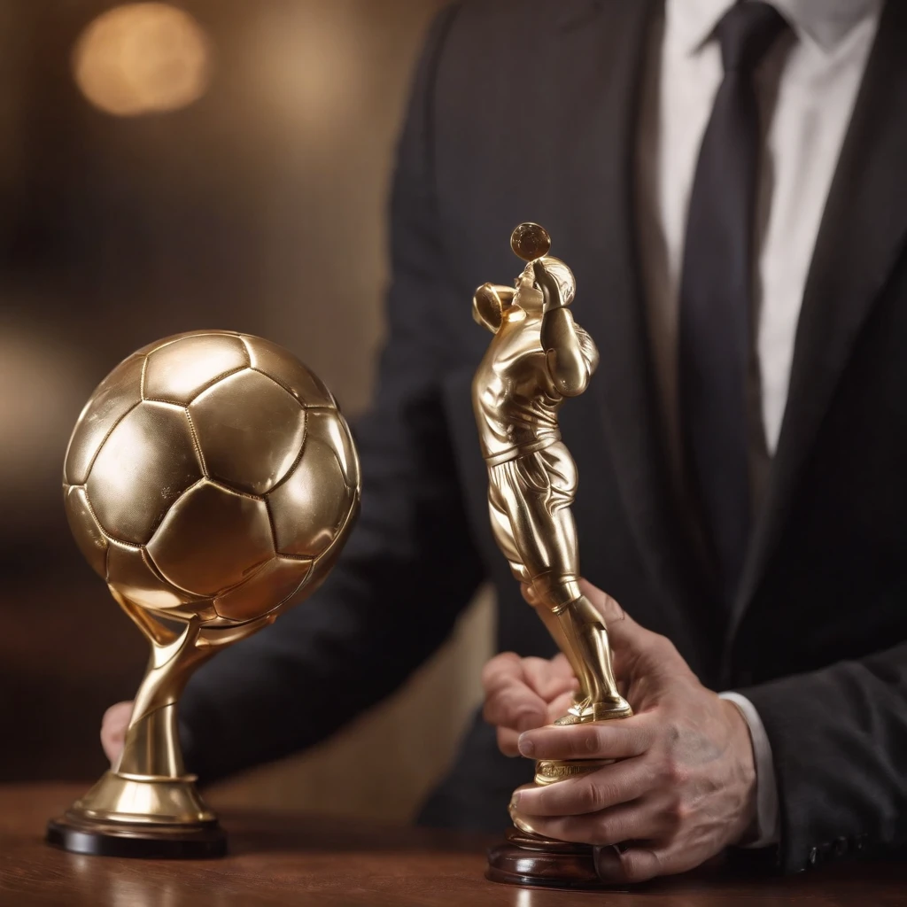 Football award, Man in suit with ball on foot, Award made of gold, Award on the table