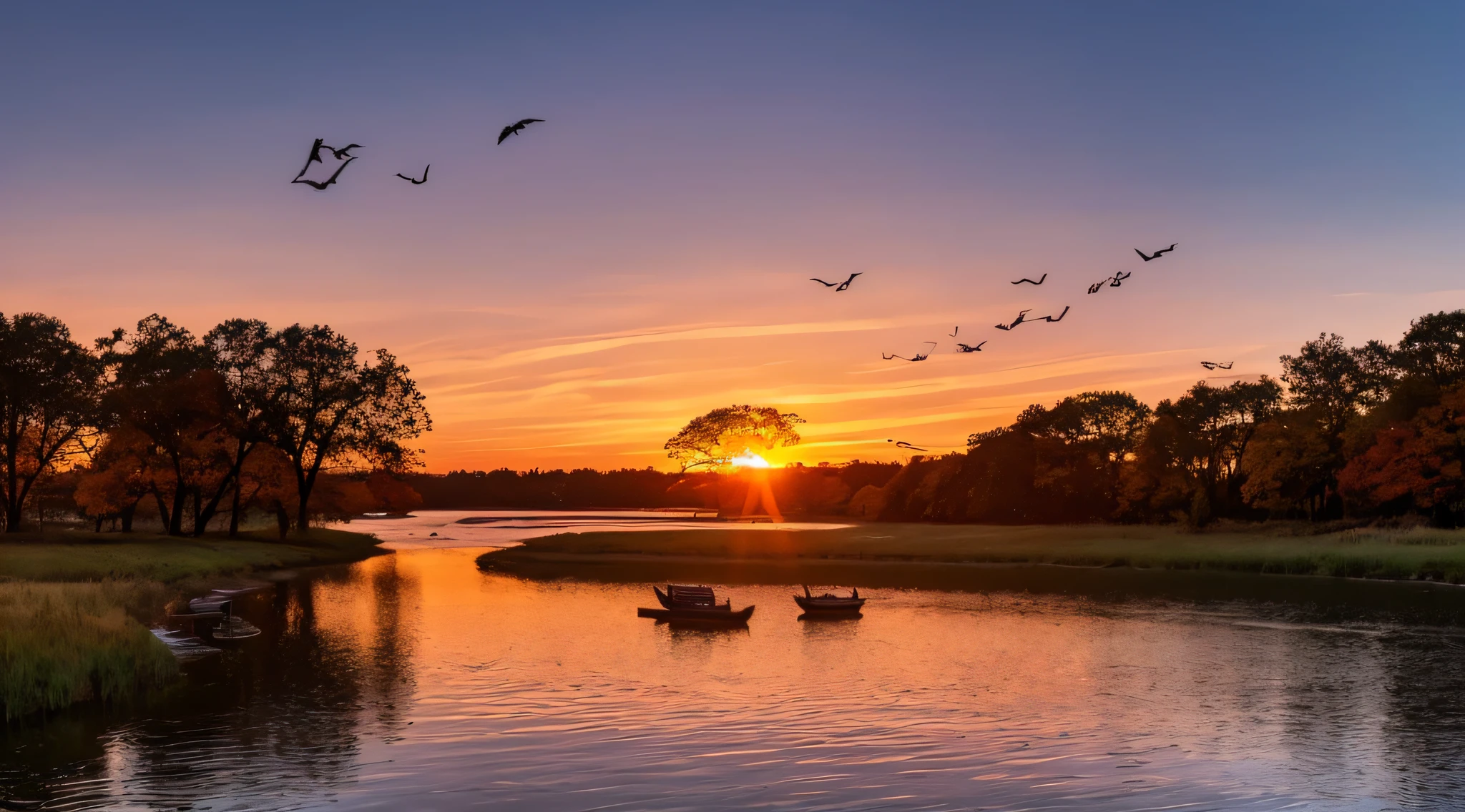 The sunset flies with the lonely geese in the distance, and the autumn river water and the vast sky are connected, icons