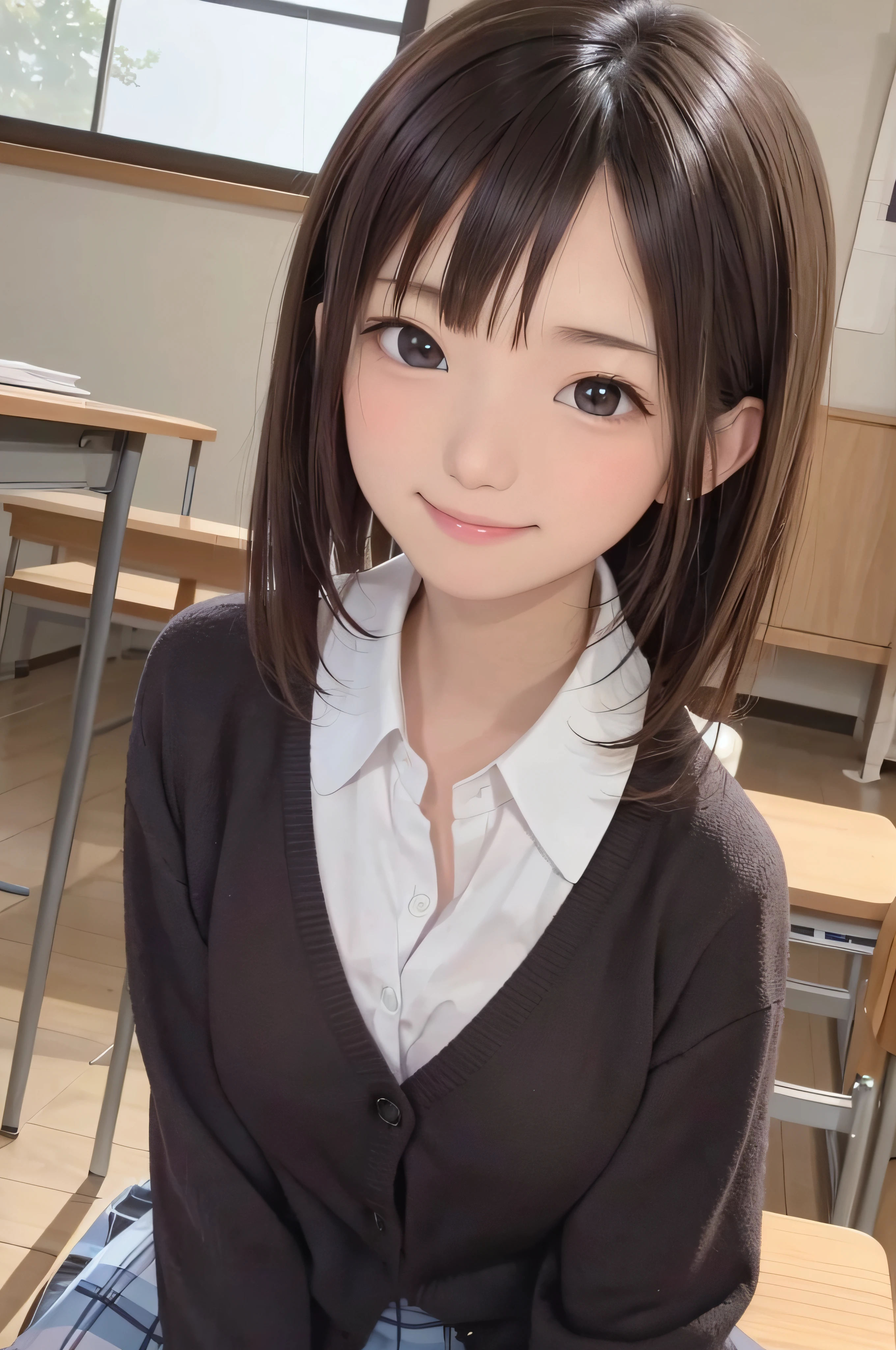 Completely immaculate background、White back、 student、soio、brown haired、beautidful eyes、real looking skin、A detailed eye、hi-school girl、(8K、​masterpiece)、(reallistic、Photorealsitic)、top-quality、ighly detailed、The ultra-detailliert、Beautie、cute little、japanes、a smile、Close-up portrait、Healthy face、schools、School uniform、Cardigan、plaid skirts