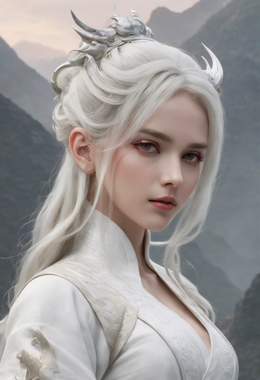 Cirilla Fiona Elen Riannon,动态照明,art stations,poster for,Volumetriclighting,Very detailed faces,4k wallpapers,He has a delicate and beautiful face,long hair flowing,horse tailed,Fringed Hair Ornament,Dynamic perspective,White Hanfu,White gauze flying,red waistband,Sexy,Tradition Chinese Ink Painting,Surrounded by clouds,fog atmosphere,Ride a white dragon,White dragon horn,dynamic viewing angle,电影灯光