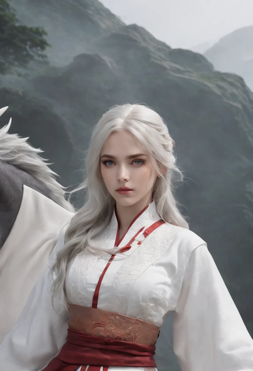 Cirilla Fiona Elen Riannon,动态照明,art stations,poster for,Volumetriclighting,Very detailed faces,4k wallpapers,He has a delicate and beautiful face,long hair flowing,horse tailed,Fringed Hair Ornament,Dynamic perspective,White Hanfu,White gauze flying,red waistband,Sexy,Tradition Chinese Ink Painting,Surrounded by clouds,fog atmosphere,Ride a white dragon,White dragon horn,dynamic viewing angle,电影灯光