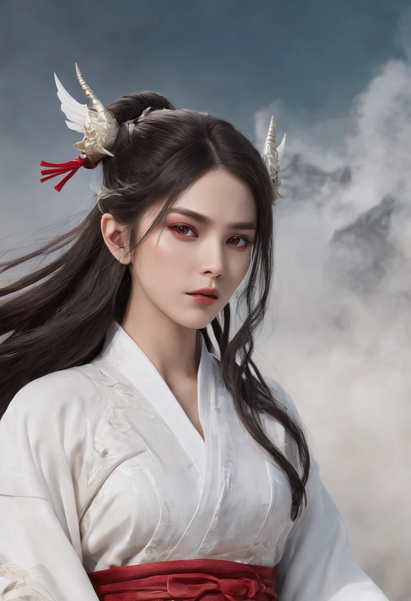 Cirilla Fiona Elen Riannon，动态照明，art  stations，poster for，Volumetriclighting，Very detailed faces，4k wallpapers，He has a delicate and beautiful face，long hair flowing，horse tailed，Fringed Hair Ornament，Dynamic perspective，White Hanfu，White gauze flying，red waistband，Sexy，Tradition Chinese Ink Painting，Surrounded by clouds，fog atmosphere，Ride a white dragon，White dragon horn，dynamic viewing angle，电影灯光