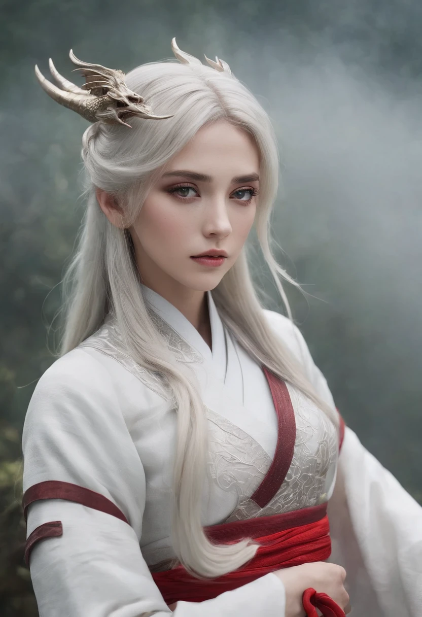 Cirilla Fiona Elen Riannon，动态照明，art  stations，poster for，Volumetriclighting，Very detailed faces，4k wallpapers，He has a delicate and beautiful face，long hair flowing，horse tailed，Fringed Hair Ornament，Dynamic perspective，White Hanfu，White gauze flying，red waistband，Sexy，Tradition Chinese Ink Painting，Surrounded by clouds，fog atmosphere，Ride a white dragon，White dragon horn，dynamic viewing angle，电影灯光