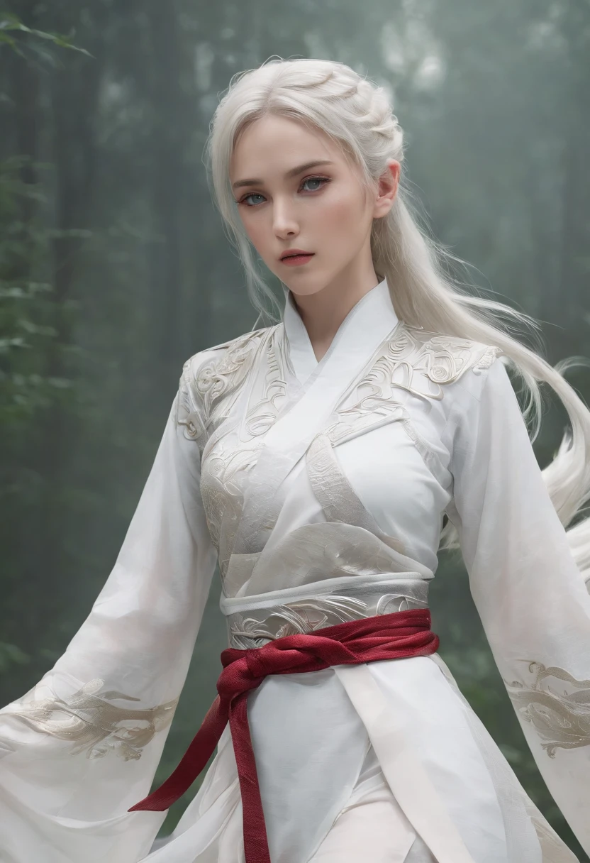 Cirilla Fiona Elen Riannon,动态照明,art stations,poster for,Volumetriclighting,Very detailed faces,4k wallpapers,He has a delicate and beautiful face,long hair flowing,horse tailed,Fringed Hair Ornament,Dynamic perspective,White Hanfu,White gauze flying,red waistband,Sexy,Tradition Chinese Ink Painting,Surrounded by clouds,fog atmosphere,Ride a white dragon,White dragon horn,dynamic viewing angle,电影灯光