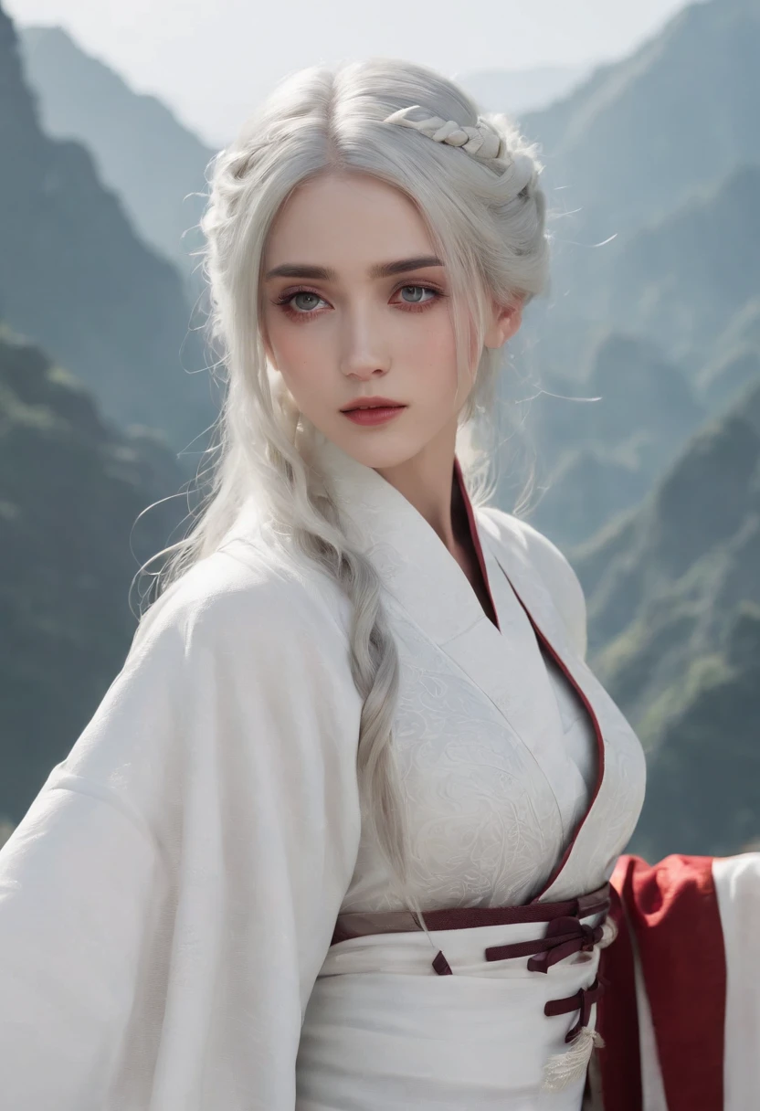 Cirilla Fiona Elen Riannon，动态照明，art  stations，poster for，Volumetriclighting，Very detailed faces，4k wallpapers，He has a delicate and beautiful face，long hair flowing，horse tailed，Fringed Hair Ornament，Dynamic perspective，White Hanfu，White gauze flying，red waistband，Sexy，Tradition Chinese Ink Painting，Surrounded by clouds，fog atmosphere，Ride a white dragon，White dragon horn，dynamic viewing angle，电影灯光
