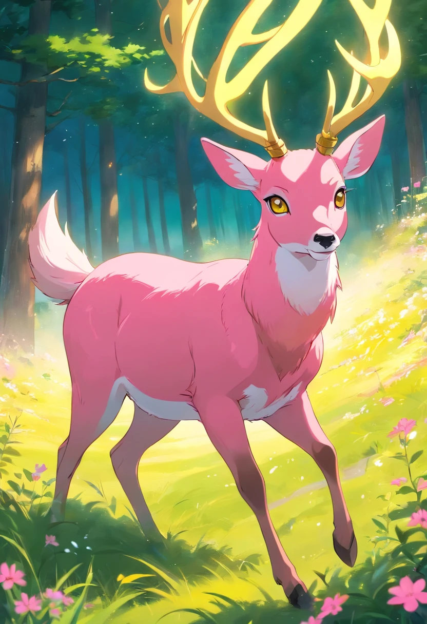 a detailed anime drawing in the artstyle of Naruto Shippuden of a large adult ((pink)) deer with ((bright yellow eyes)) that gives off a aura of grace with large heart-shaped antlers dashing through a meadow by itself
