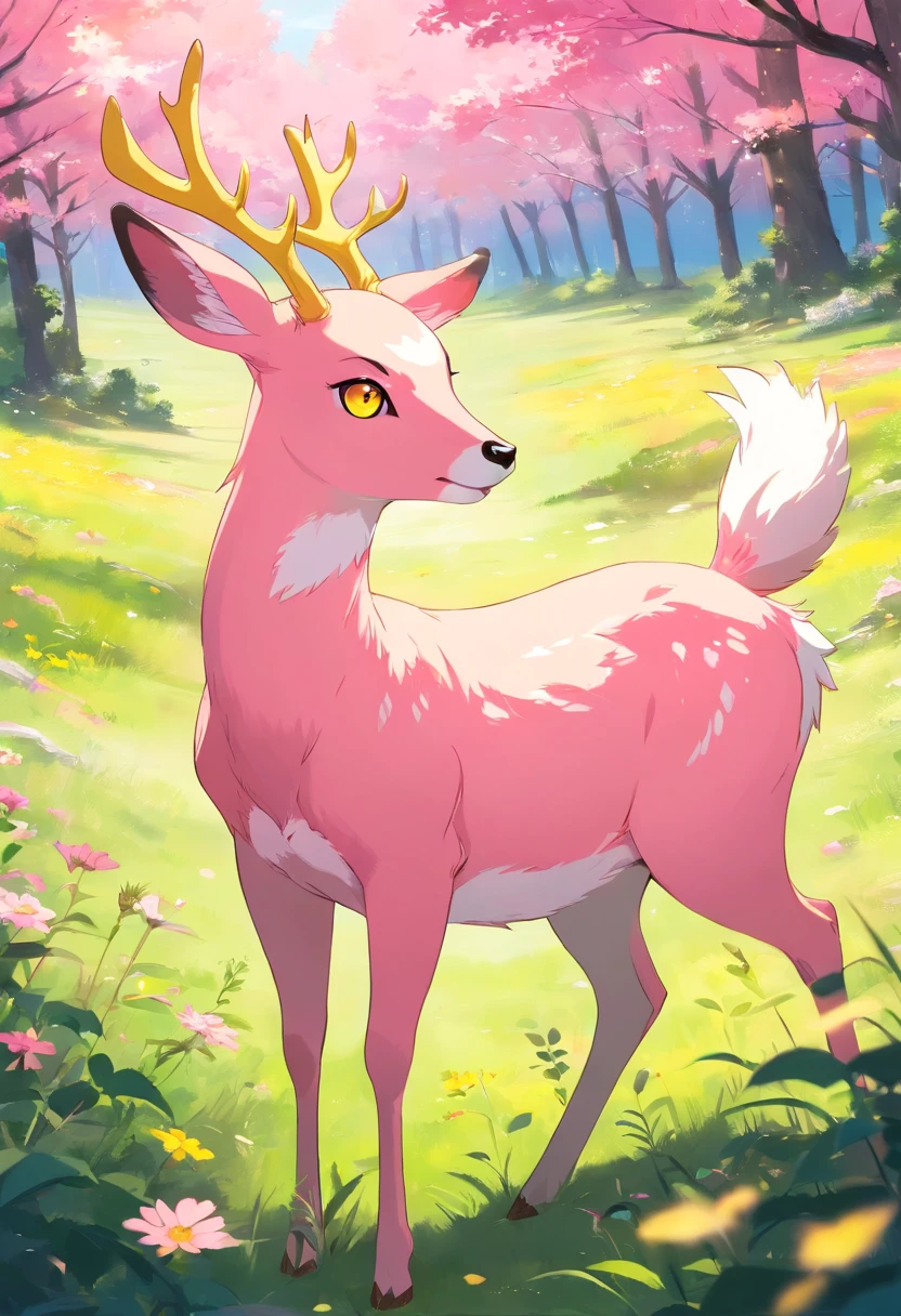 a detailed anime drawing in the artstyle of Naruto Shippuden of a large adult ((pink)) deer with ((bright yellow eyes)) that gives off a aura of grace with large heart-shaped antlers dashing through a meadow by itself