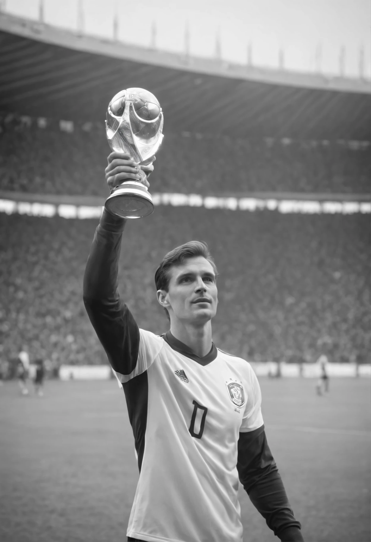 Homem Soccer Player 80s raising the World Cup trophy, Old photo, black and white