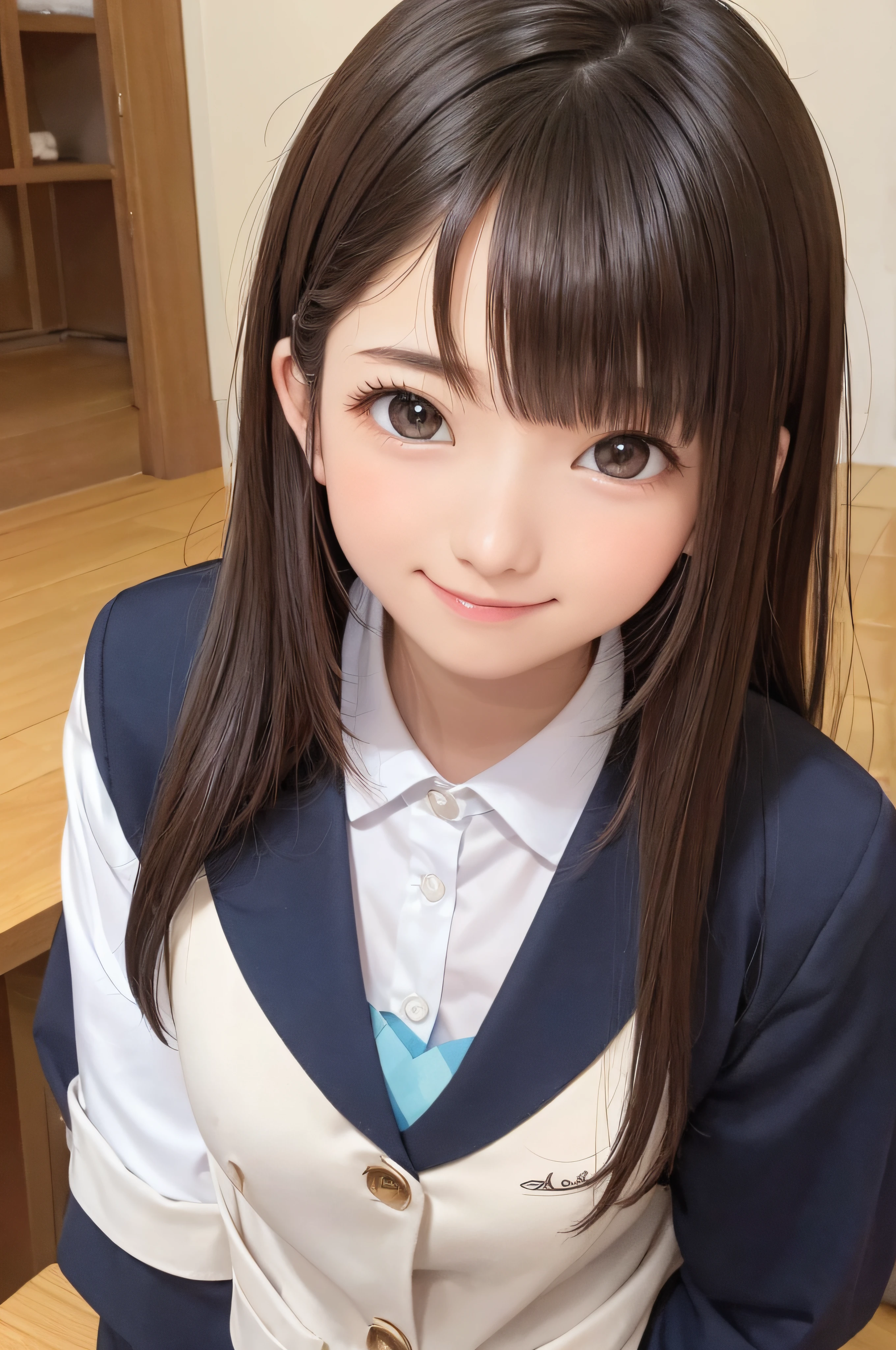 Completely immaculate background、White back、 student、soio、brown haired、beautidful eyes、real looking skin、A detailed eye、hi-school girl、(8K、​masterpiece)、(reallistic、Photorealsitic)、top-quality、ighly detailed、The ultra-detailliert、Beautie、cute little、japanes、a smile、Close-up portrait、Healthy face、schools、School uniform、Cardigan、plaid skirts