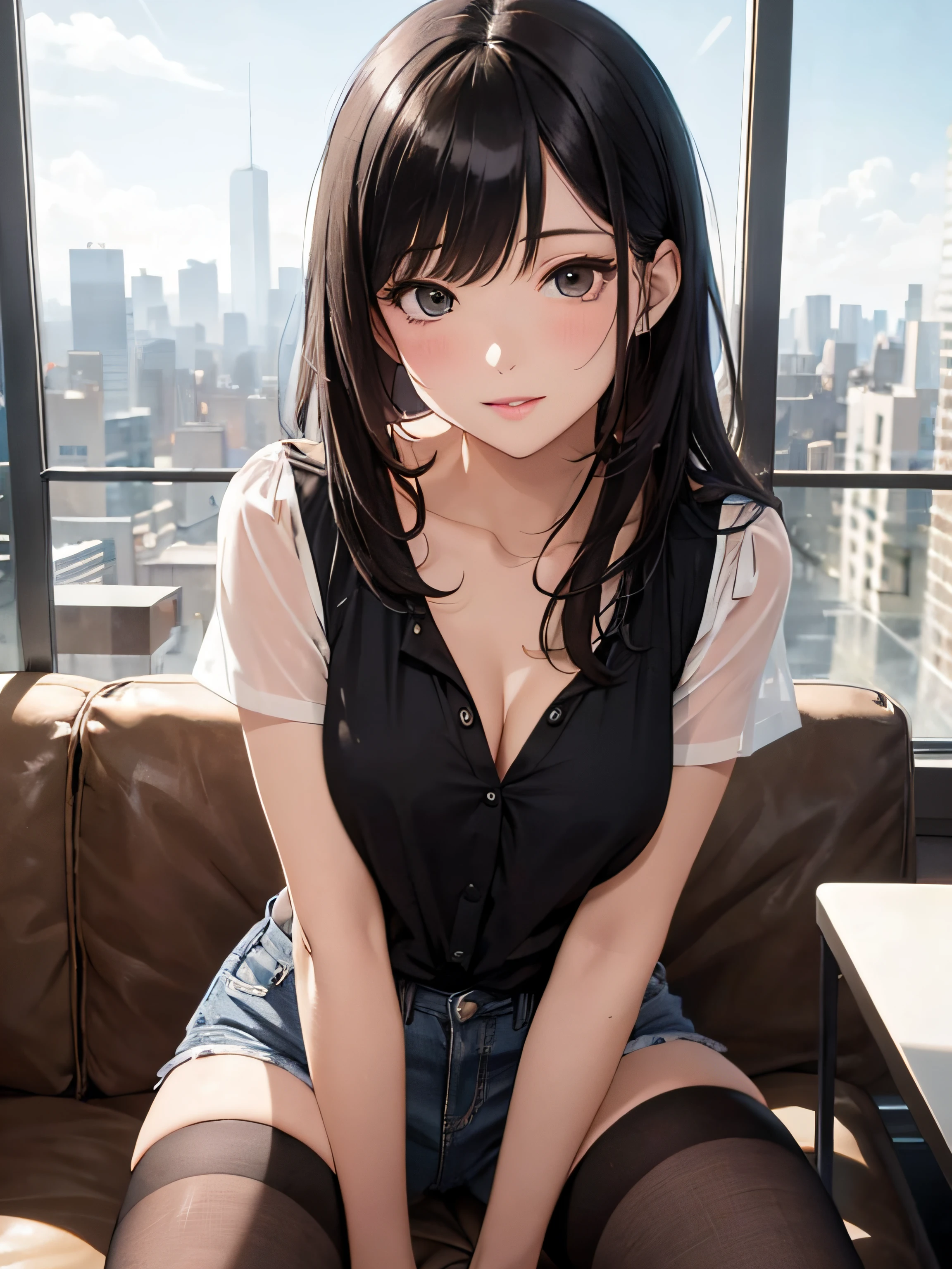 a girl with low-cut blouse, medium breasts, shorts, long stockings, flirtatious look, very well detailed, cityscape or academy, black hair,