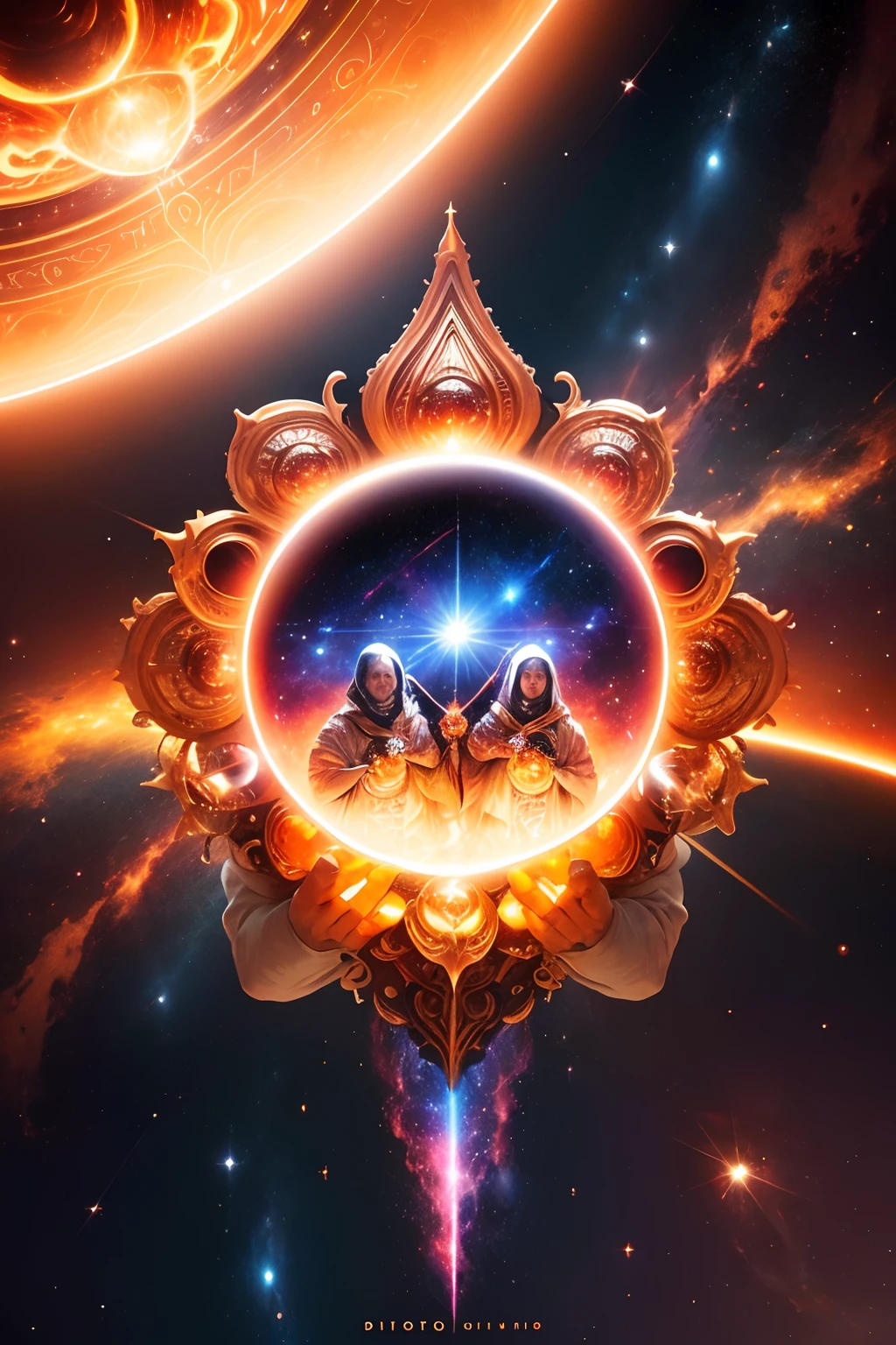 (a)supreme being,(gigantic:1.1) appearing in space,(holding:1.1) two suns,(one suns in each hand),looking at the observer, (ultra-detailed,photo-realistic:1.37),(vivid colors, vibrant hues),(sharp focus,highres),(bright lighting),(cosmic atmosphere),(celestial energy),(divine presence)