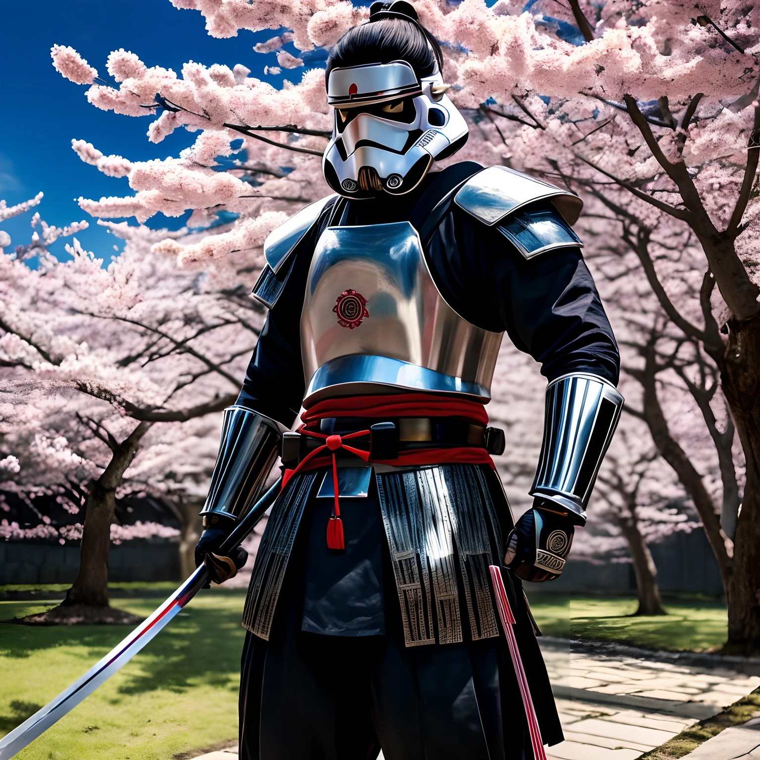 Japonesa samurai warrior,Stormtrooper (guerra nas estrelas), cinemactic, Hyper res, comic, sombras escuras, 8k, katana para usar, Pose de combate retribuir, Looking at the Viewer, Contraste suave, 4k, Samurai scenery with Sakura tree,Vison Axo,Passagem de vento, Combate intensivo, katana sabre de luz.