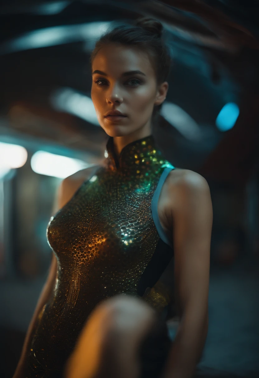 film by Kodak porta,Full body photo of a human woman blend melding into a beautiful alien from the far reaches of the galaxy, wearing futuristic avant-garde v - neck outfit open, award-winning photo, Canon 5D photo, 85mm lens, Nikon Camera