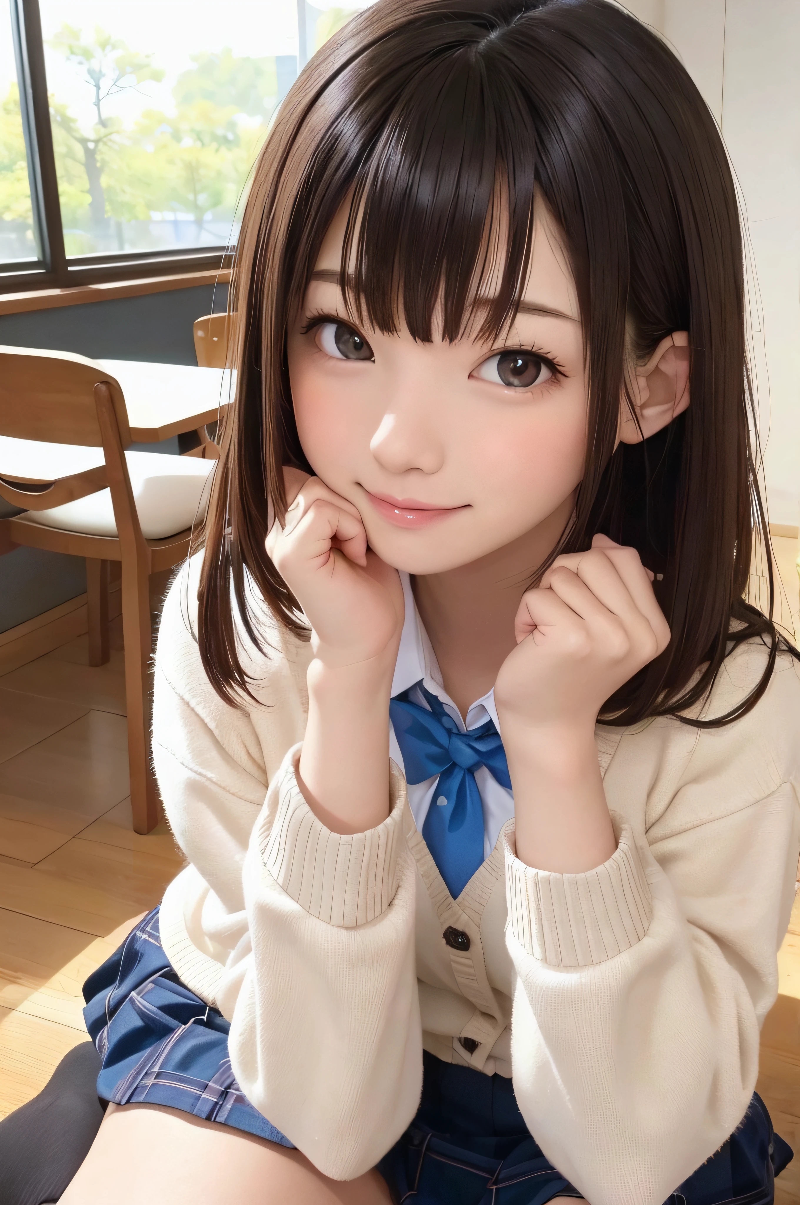 Completely immaculate background、White back、 student、soio、brown haired、beautidful eyes、real looking skin、A detailed eye、hi-school girl、(8K、masterpiece)、(reallistic、Photorealsitic)、top-quality、ighly detailed、The ultra-detailliert、Beautie、cute little、japanes、a smile、Close-up portrait、Healthy face、schools、School uniform、Cardigan、plaid skirts