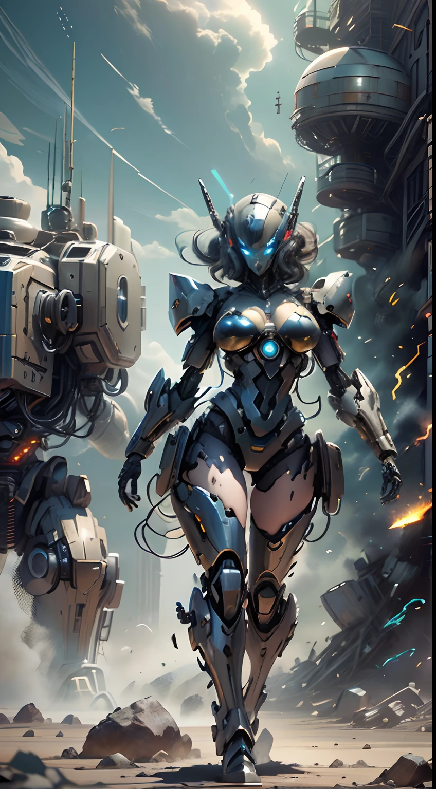 (8k, La mejor calidad, Obra maestra:1.2 Hermosa mujer, pelo corto  ojos azules Ojos azules 4k voluptuoso cuerpo entero, Usando armadura estilo Master Chef, condenar,  precioso y hundido, sculptural body, usando mecha de metal desgastado, campo de batalla, alien planet, Enormes rocas, Alien structures destroyed by battle,