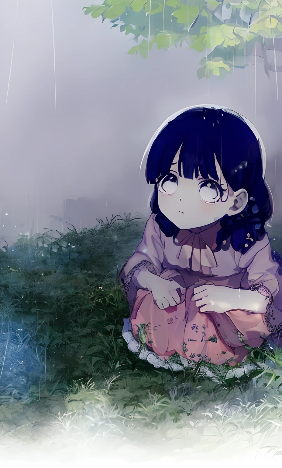 Anime girl sitting on grass under a tree in the rain, garota de cabelo preto, garota de olho branco, um desenho de anime por Yanagawa Nobusada, trending on pixiv, arte seriada, visual anime de uma menina bonito, Art not Guweiz style, Depois da chuva e sem meninas, with a sad expression, the anime girl is crouching, Yume Nikki, chovendo!!