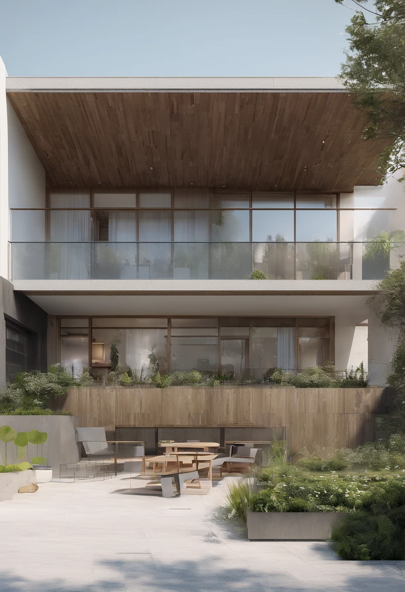 Concept for a hotel, a plot of land measuring 12m in width and 50m in length. At the front, there is a two-story wooden house serving as the welcoming center. Following that is a small landscaped area with a pathway running through it, covered by a wooden pergola. Next is a 250m2 building, standing at 7 stories tall. The entire system is designed with a seamless architectural style that harmoniously connects all components, RAW photo,Masterpiece, high quality, best quality, authentic, super detail, glass windows, day, beautiful sky, (high detailed :1.2), 8k uhd, dslr, soft lighting, high quality, film grain, Fujifilm XT3