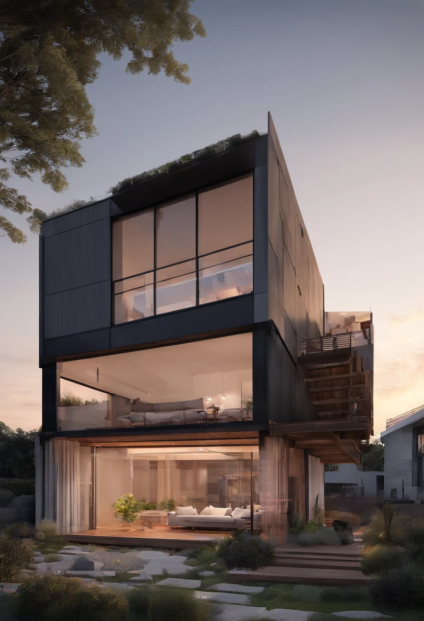 Concept for a hotel, a plot of land measuring 12m in width and 50m in length. At the front, there is a two-story wooden house serving as the welcoming center. Following that is a small landscaped area with a pathway running through it, covered by a wooden pergola. Next is a 250m2 building, standing at 7 stories tall. The entire system is designed with a seamless architectural style that harmoniously connects all components, RAW photo,Masterpiece, high quality, best quality, authentic, super detail, glass windows, day, beautiful sky, (high detailed :1.2), 8k uhd, dslr, soft lighting, high quality, film grain, Fujifilm XT3