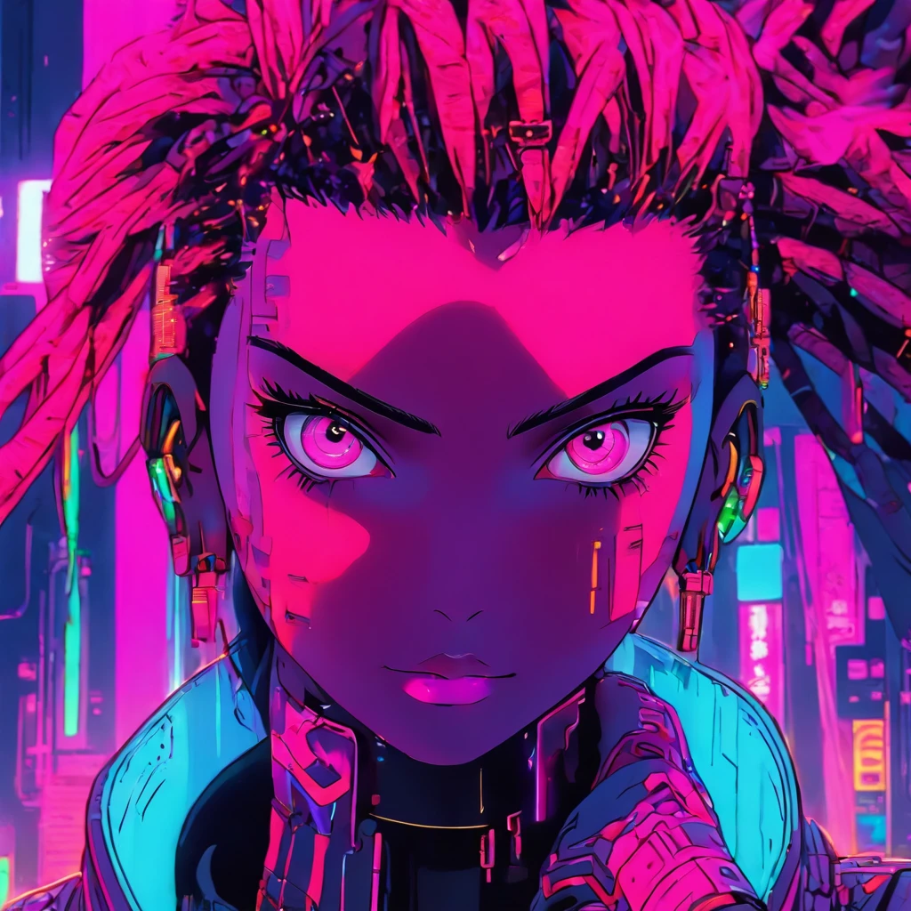 Criar fundo cyberpunk, mulher ciborgue bonita usando mascara futurista, rosto realista, 8k, ultra realistic, tecnologia, cores neon, fundo detalhado.