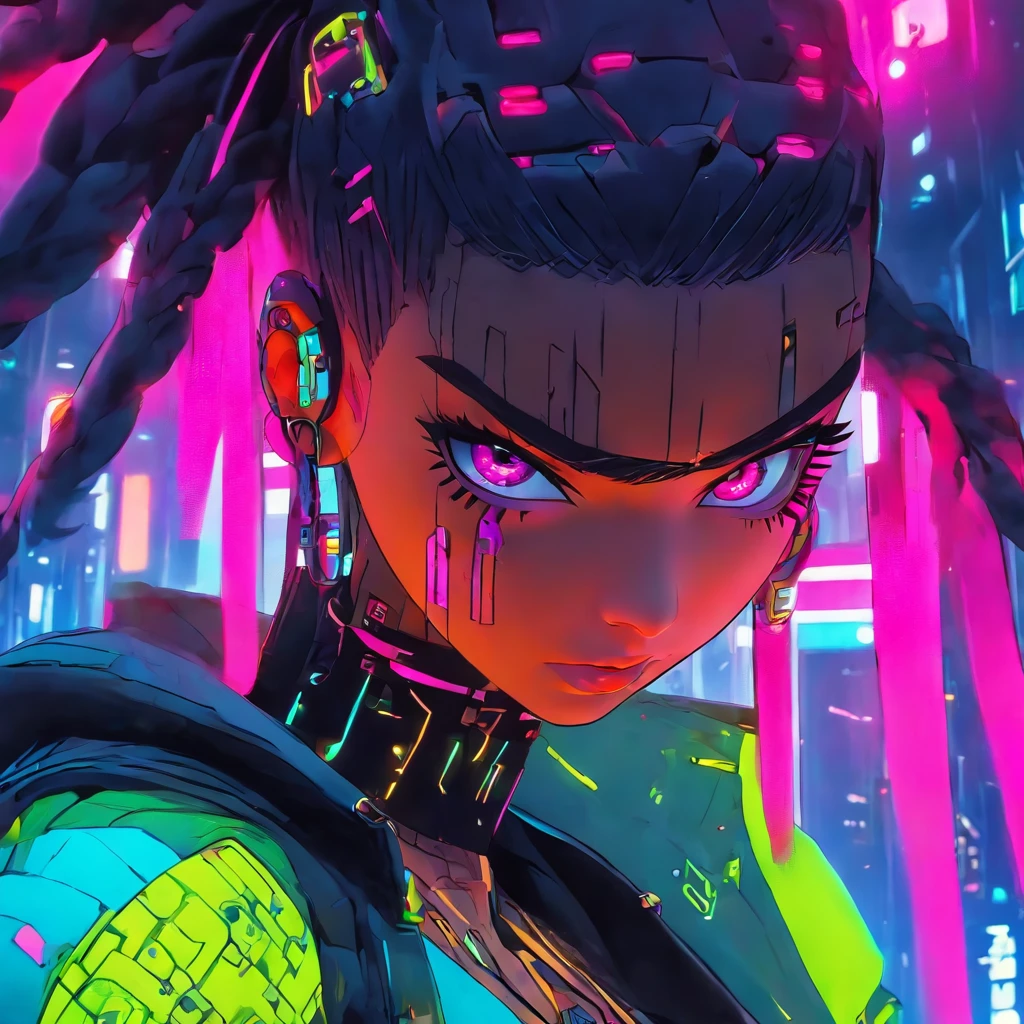 Criar fundo cyberpunk, mulher ciborgue bonita usando mascara futurista, rosto realista, 8k, ultra realistic, tecnologia, cores neon, fundo detalhado.