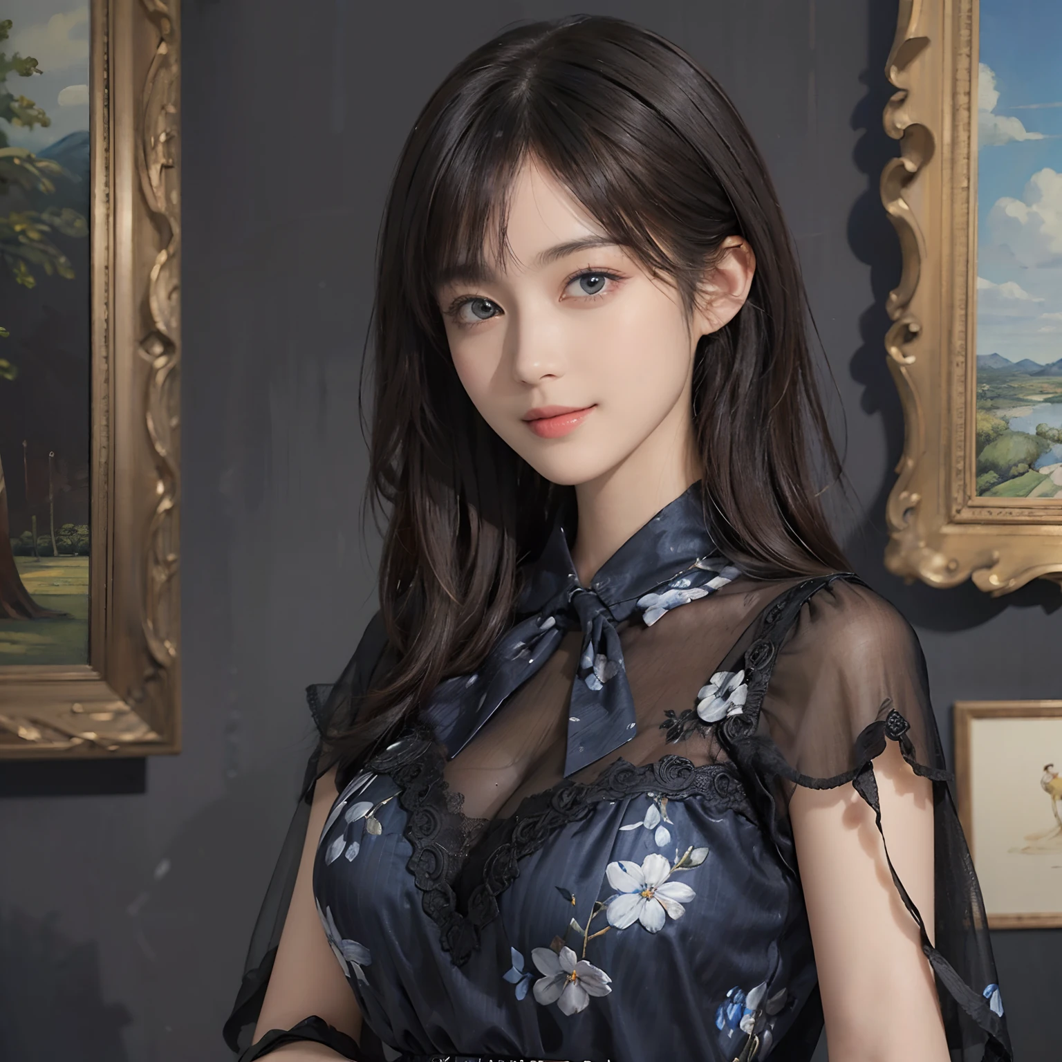 (((Black shorthair))), (Louvre Museum), Pose Seductive, (A hyper-realistic), (Illustration), (Increased resolution), (8KUHD), (Extremely detailed), (Best Illustration), (Beautiful and detailed eyes), (Best Quality), (ultra-detailliert), (masutepiece ), ( Wallpaper), (Detailed face), Solo, (One woman wearing blue clothes), (Floral clothing), (Breast bulge), Fine details, Detailed face, Deep Shadows, lowkey, pureerosfaceace_v1, Smiling, 46 point slanted bangs, (Stand in front of a painting)