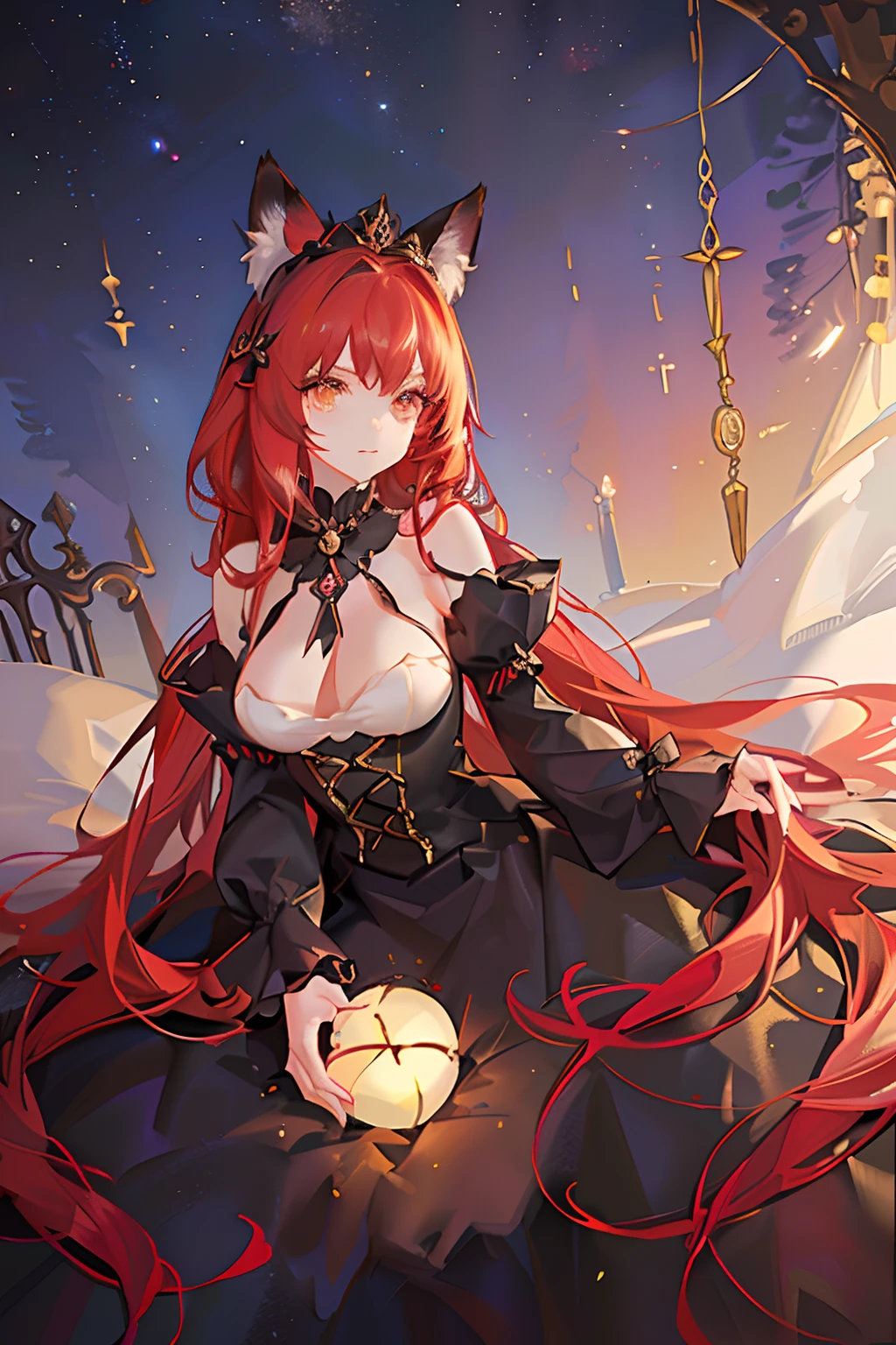 Red long-haired,Red fox ears,Golden eyes,Black princess dress,diadems,A princess,Dark Gothic