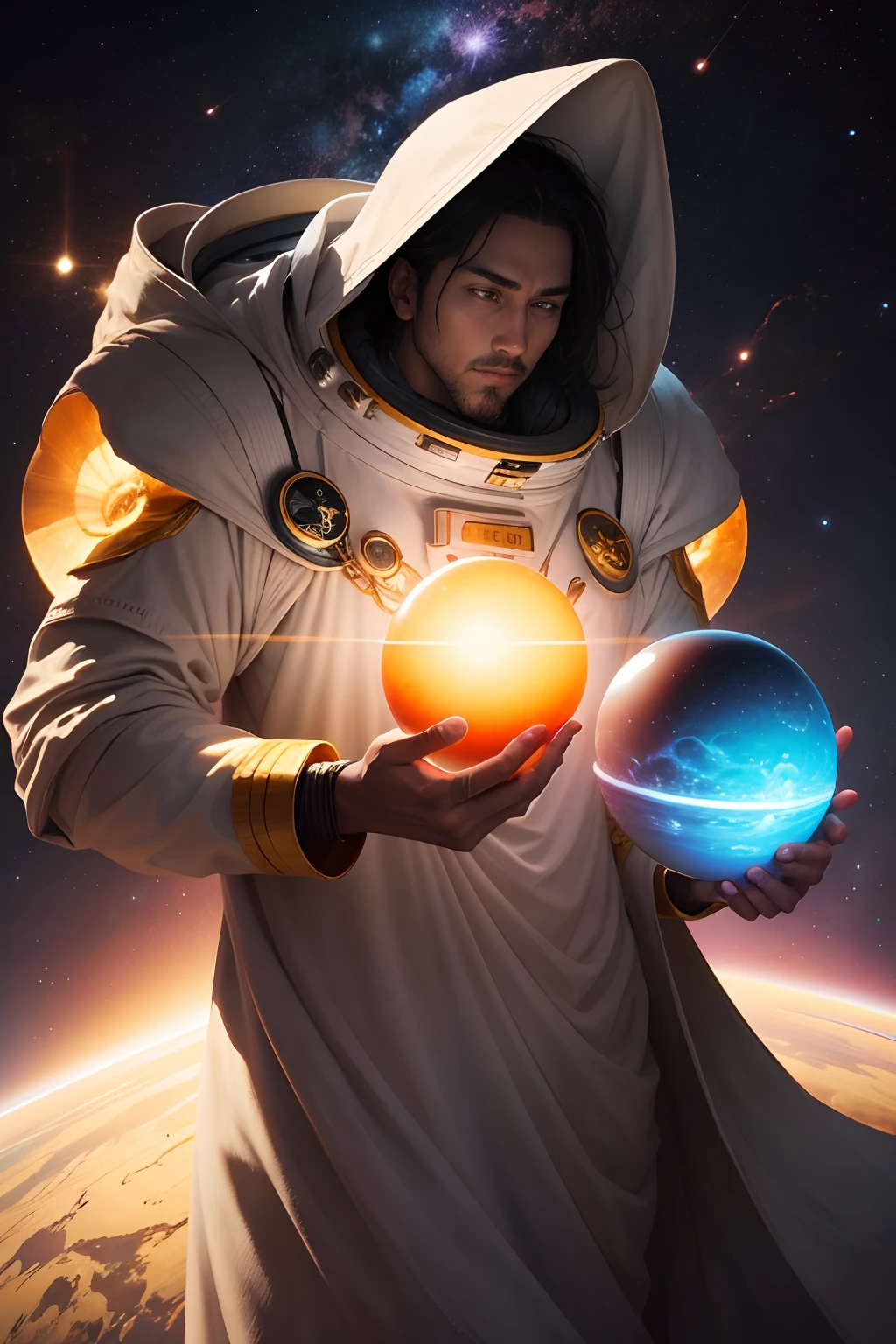 a supreme being, appearing gigantic in space, holding two suns, one in each hand, looking at the observer
