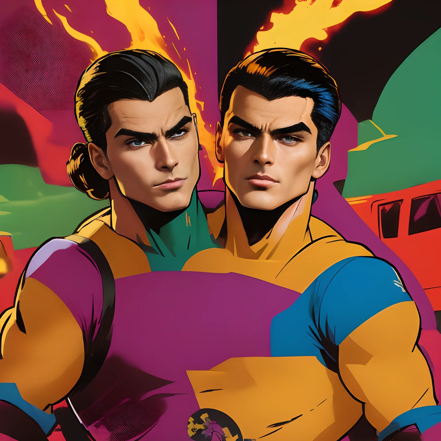 (((2heads)))Evil GI JOE in the style of 1980s GI Joe cartoon, very colorful, explotion and helicopters in background