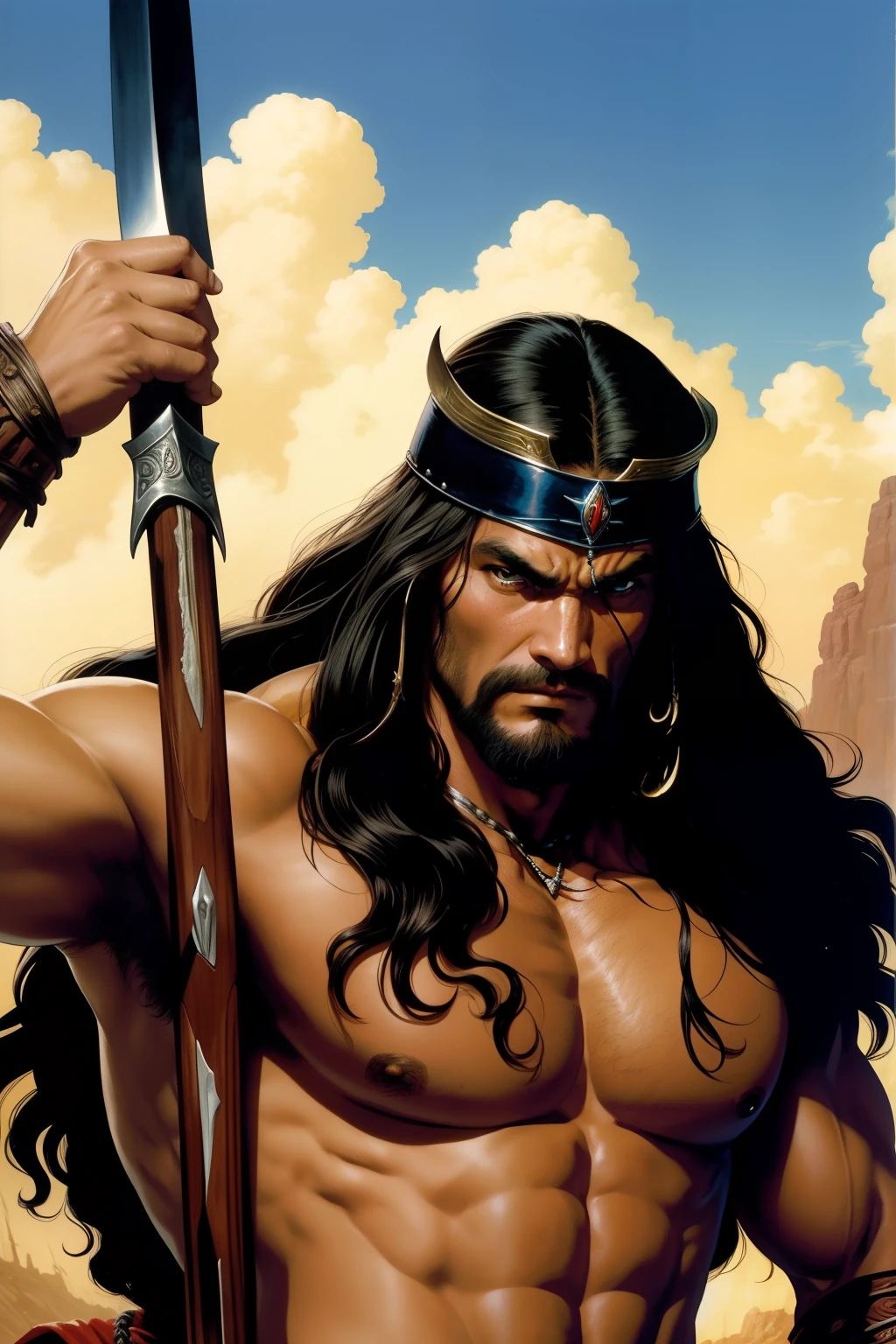 um close up de um homem em um cavalo com uma espada, Conan, Illustration by Conan, the Barbarian, Conan, the Barbarian, frank frazetta manga style, Retrato de Conan, the Barbarian, Jason Momoa como Conan, Estilo Frank Frazetta, Marcos Brooks Frank Frazetta, Mike Ploog, john buscema, Marcos Schultz, Marcos Silvestri, barbarous