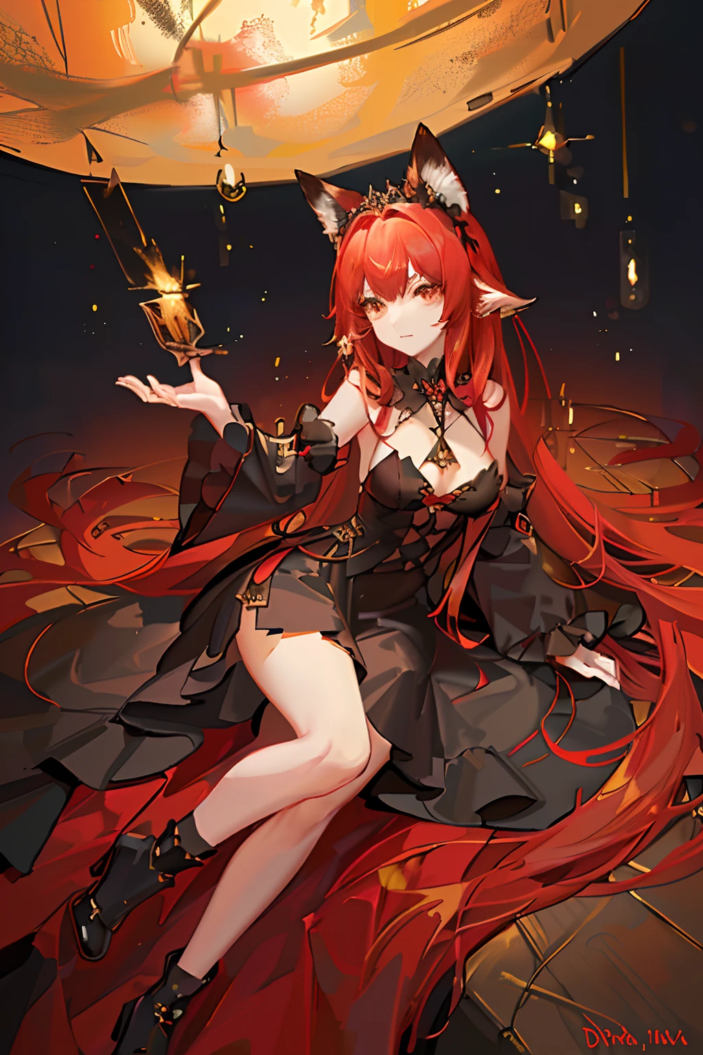 Red long-haired，Red fox ears，Golden eyes，Black princess dress，diadems，A princess，Dark Gothic