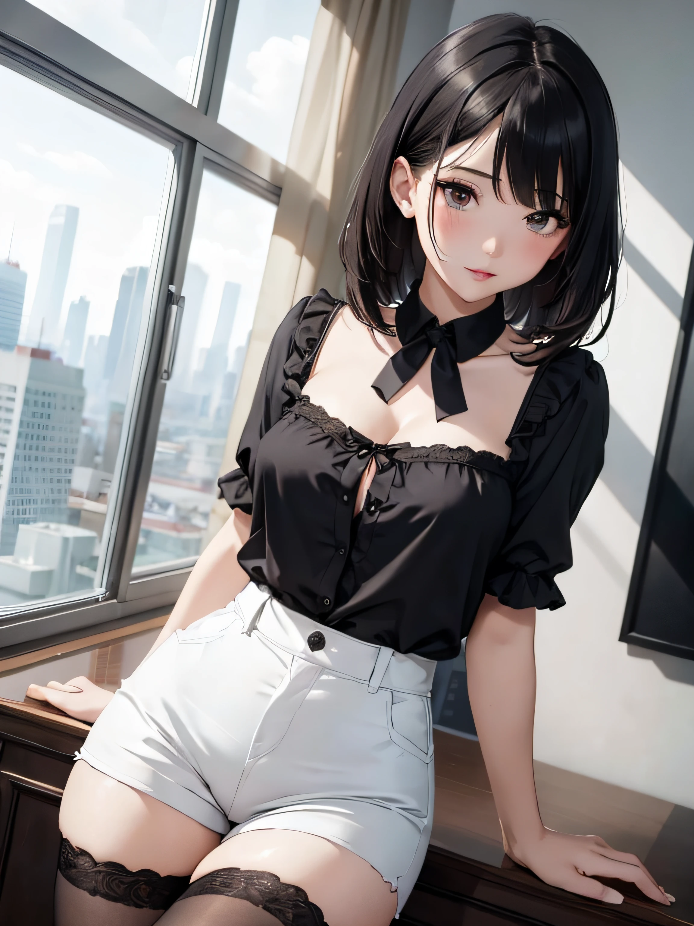 a girl with low-cut blouse, medium , white shorts, long stockings, flirtatious look, very well detailed, cityscape or academy, black hair,