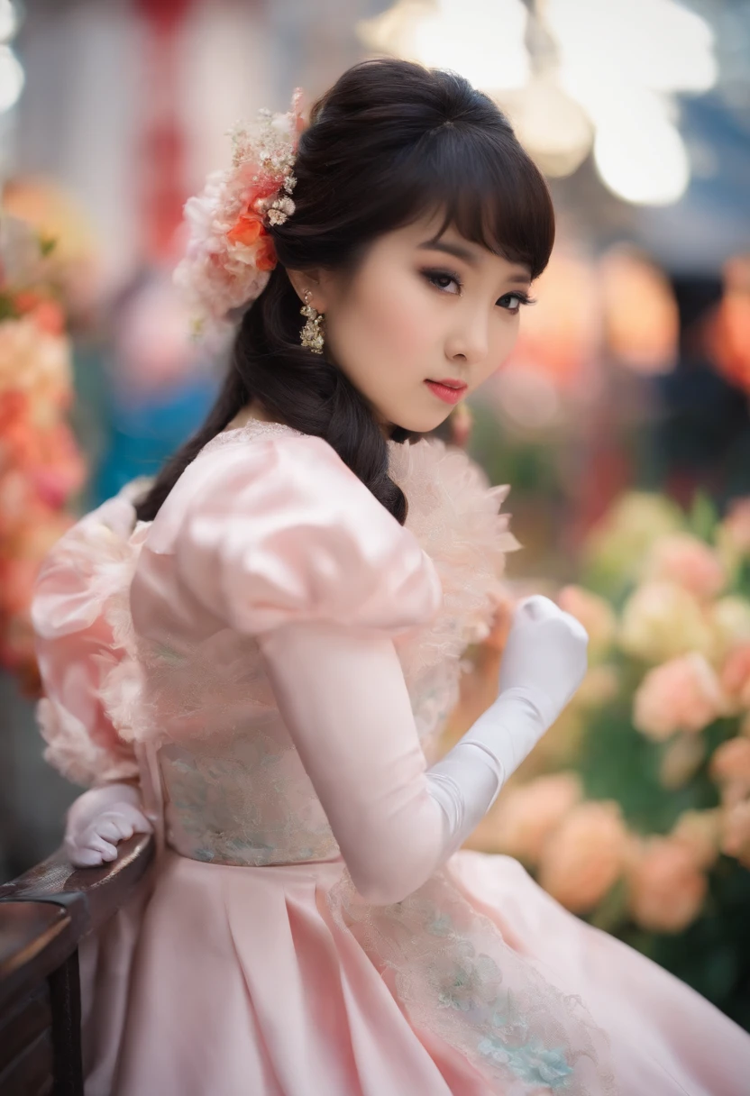 a cute japanese girl wearing white satin gloves