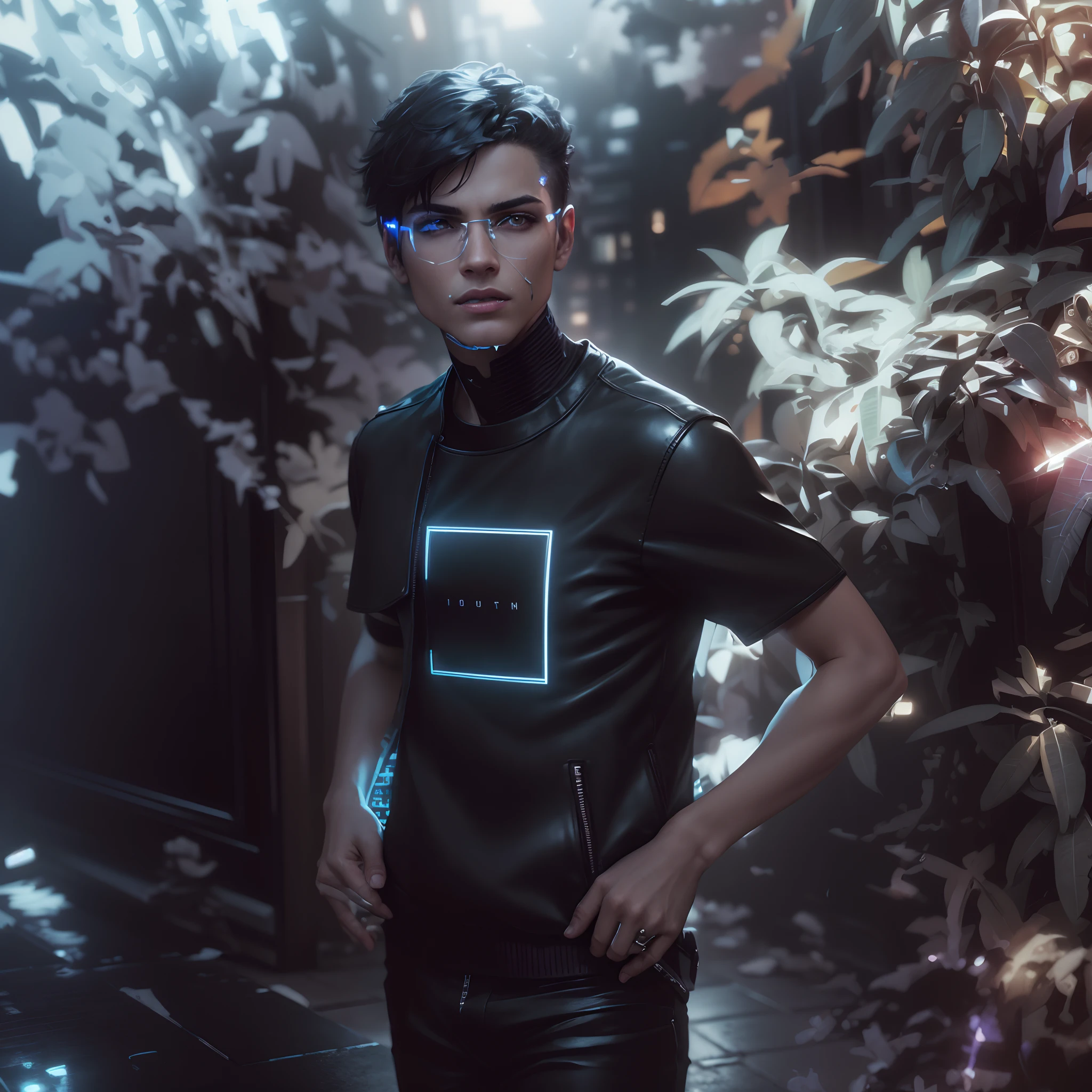 (best quality,4k,8k,highres,masterpiece:1.2),ultra-detailed,(realistic,photorealistic,photo-realistic:1.37),cyberpunk,colorful tones,warm lighting,portrait,change background,handsome boy,expressive eyes,detailed lips,short spiky hair,technological elements,glowing neon lights,cityscape in the background,futuristic setting,confident expression,sharp jawline,stylish clothing,leather jacket,reflective surfaces,digital code patterns,urban environment,artificial intelligence integration,advanced technology,meticulous attention to facial features,meticulous attention to clothing details,modern urban style,cybernetic implants,high-tech gadgets,dramatic shadows,urban grunge,impressive visual effects,edgy and cool aesthetic.