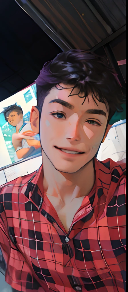 A boy with，Sunny and cheerful，Handsome，with short black hair，Wearing a white T-shirt，The T-shirt has a small daisy print on it，smiling and looking into the camera。The sunlight shines on his face，The hair is blown by the wind，The background is the sea，Pink-purple sky。Please draw this scene in Miyazaki's style。