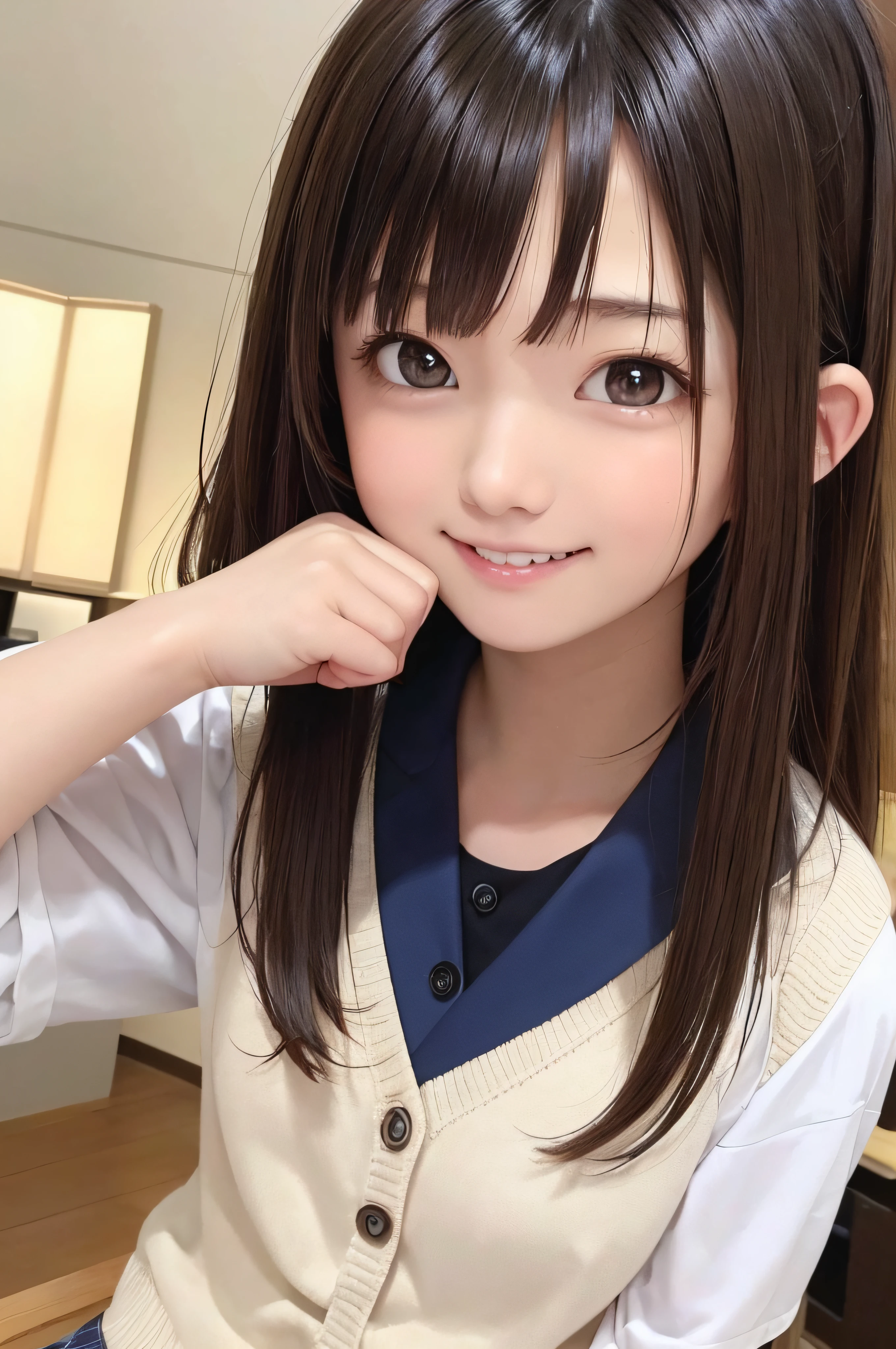 Completely immaculate background、White back、 student、soio、brown haired、beautidful eyes、real looking skin、A detailed eye、hi-school girl、(8K、masterpiece)、(reallistic、Photorealsitic)、top-quality、ighly detailed、The ultra-detailliert、Beautie、cute little、japanes、a smile、Close-up portrait、Healthy face、schools、School uniform、Cardigan、plaid skirts