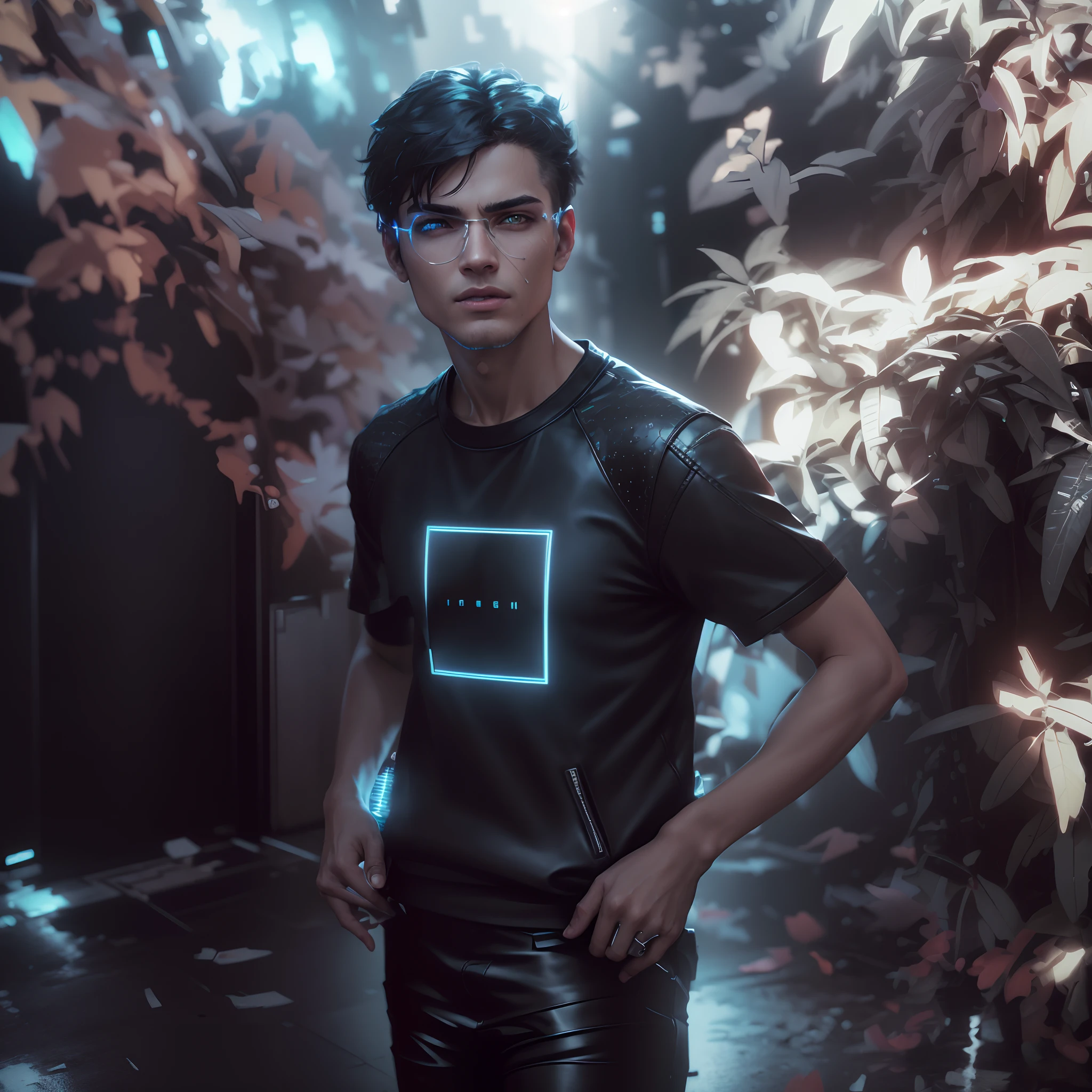 (best quality,4k,8k,highres,masterpiece:1.2),ultra-detailed,(realistic,photorealistic,photo-realistic:1.37),cyberpunk,colorful tones,warm lighting,portrait,change background,handsome boy,expressive eyes,detailed lips,short spiky hair,technological elements,glowing neon lights,cityscape in the background,futuristic setting,confident expression,sharp jawline,stylish clothing,leather jacket,reflective surfaces,digital code patterns,urban environment,artificial intelligence integration,advanced technology,meticulous attention to facial features,meticulous attention to clothing details,modern urban style,cybernetic implants,high-tech gadgets,dramatic shadows,urban grunge,impressive visual effects,edgy and cool aesthetic.